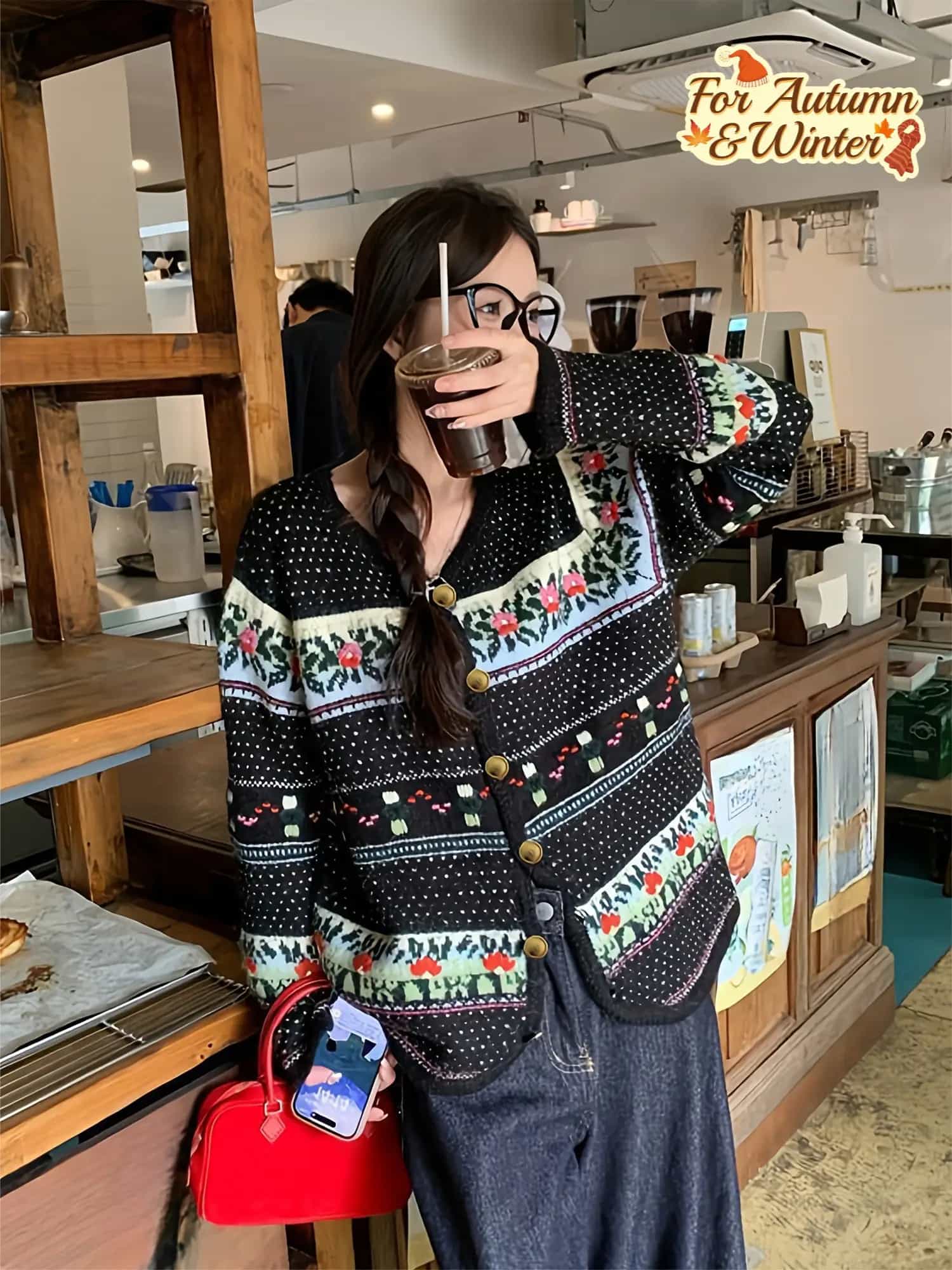 【レトロ可愛い】 カーディガン レディース ニット セーター トップス ジャガード 総柄 花柄 羽織り Vネック 前開き 長袖 ゆったり オーバーサイズ 暖かい 体型カバー 着痩せ 細見え 通勤 通学 お出かけ 20代 30代 40代 50代 秋 冬 カジュアル ヴィンテージ風 きれいめ