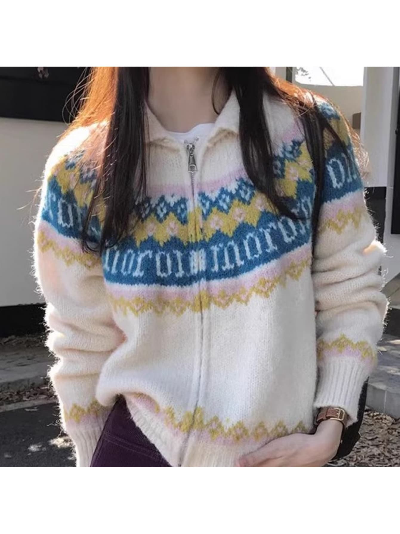 【レトロ可愛い】ニット カーディガン レディース ジップアップ セーター ジャガード 柄 襟付き 羽織り ゆったり 秋 冬 フェアアイル ノルディック 総柄 トップス ジャケット 軽アウター 厚手 体型カバー 着痩せ 暖かい 華奢見え オーバーサイズ ビッグシルエット 通勤