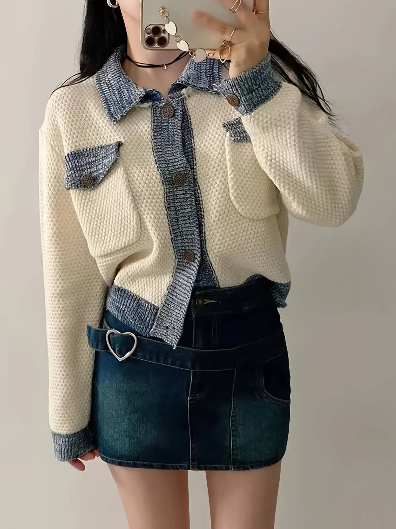 ニット カーディガン レディース 春 秋 冬 襟付き 配色 バイカラー 切替 ミックスニット トップス 羽織り アウター 前開き ボタン 長袖 シャツ襟 ボリューム袖 ゆったり 体型カバー 着痩せ 細見え 大人可愛い きれいめ カジュアル レトロ 韓国ファッション オフィス