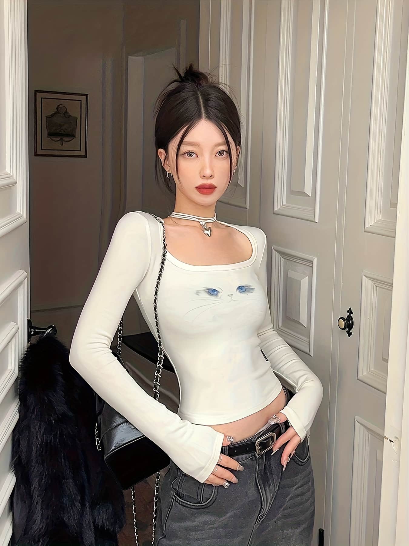 【猫プリント】スクエアネック Tシャツ レディース 長袖 タイト スリム ショート丈 カットソー トップス ロンT ねこ 猫柄 アニマル デコルテ見せ 鎖骨強調 へそ出し インナー 重ね着 ギャル Y2K 韓国ファッション ストリート セクシー おしゃれ 着痩せ 細見え 華奢見え 4,514円