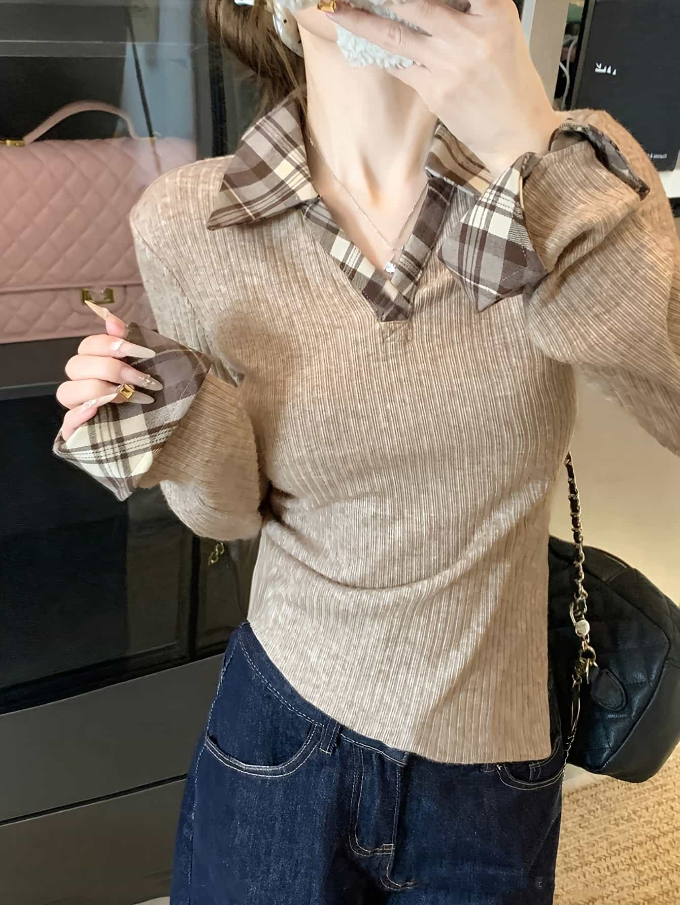 【不規則裾】トップス レディース 長袖 襟付き ポロシャツ 配色 アシンメトリー カットソー Tシャツ リブニット ロンT プルオーバー チェック柄 異素材 Ｖネック 着痩せ 細見え 体型カバー ウエストマーク ギャル カジュアル きれいめ 大人可愛い 韓国風 ストリート 春