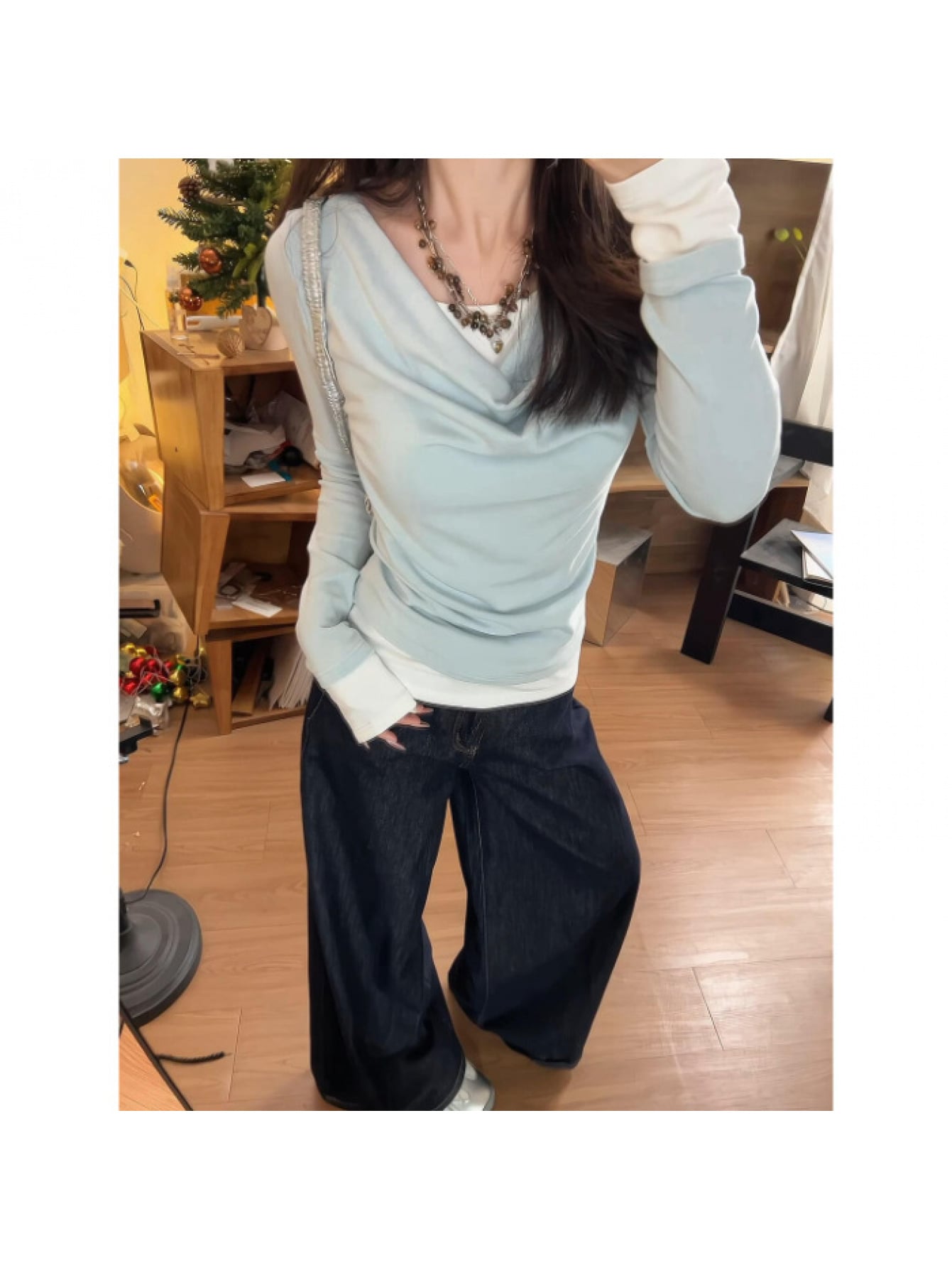 【重ね着風】カットソー レディース 長袖 ドレープネック フェイクレイヤード トップス Ｔシャツ ロンT プルオーバー 配色 切り替え オフタートル ゆる 首元 体型カバー 着痩せ 細見え 伸縮性 ストレッチ インナー ウールタッチ コットン混 柔らかい オフィス 通勤 OL