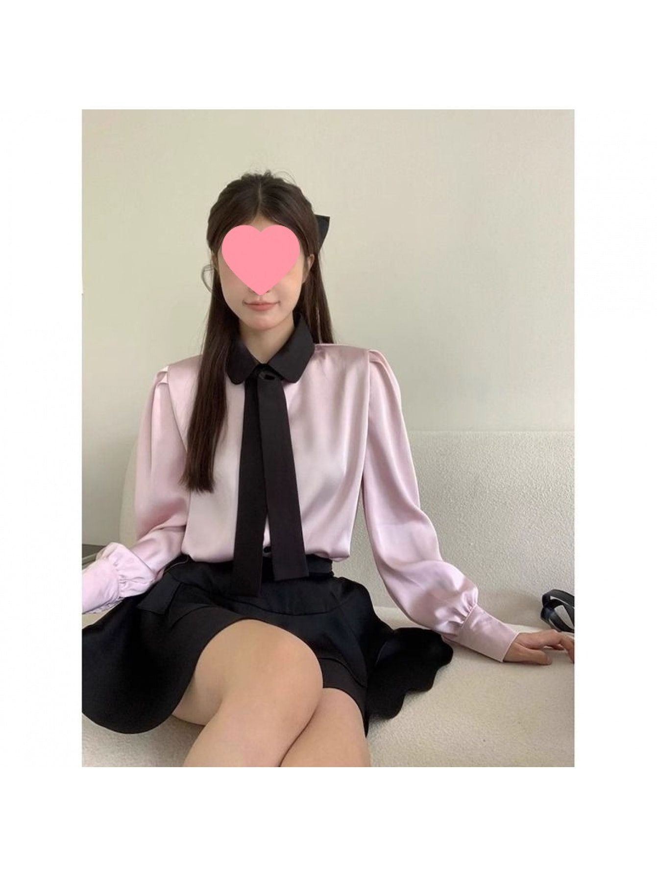 【サテン風光沢】ブラウス レディース ボウタイ リボン 襟付き シャツ 長袖 トップス バイカラー 配色 切替 艶感 シルクタッチ ボリュームスリーブ バルーン袖 ぽわん袖 きれいめ オフィス 通勤 OL 大人可愛い フェミニン エレガント お呼ばれ デート 結婚式 入学式
