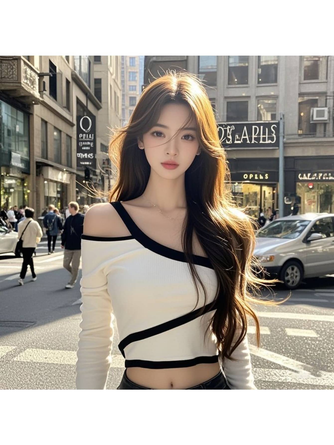 【デザイン配色】オフショルダー Tシャツ レディース 長袖 トップス 肩出し ワンショルダー アシンメトリー カットソー リブ ショート丈 クロップド バイカラー へそ出し 伸縮 ストレッチ タイト 韓国 ファッション ストリート ギャル セクシー 大人可愛い きれいめ 秋