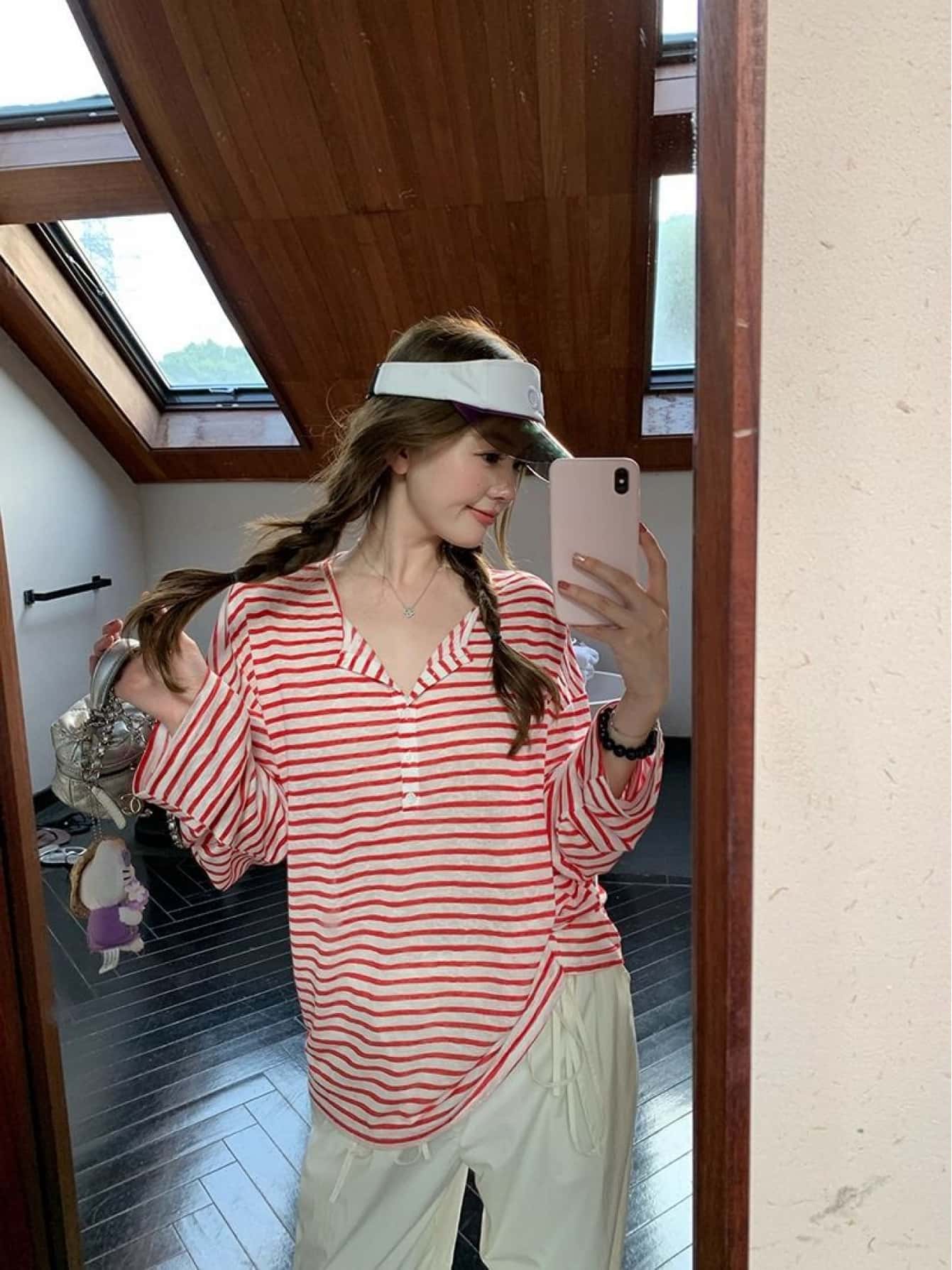 【ゆるカジ】ボーダー トップス レディース 長袖 Tシャツ ヘンリーネック カットソー ロンT プルオーバー オーバーサイズ ビッグシルエット 韓国ファッション チュニック 薄手 UV対策 日焼け防止 冷房対策 紫外線対策 ボタン 体型カバー 二の腕カバー 着痩せ ゆったり