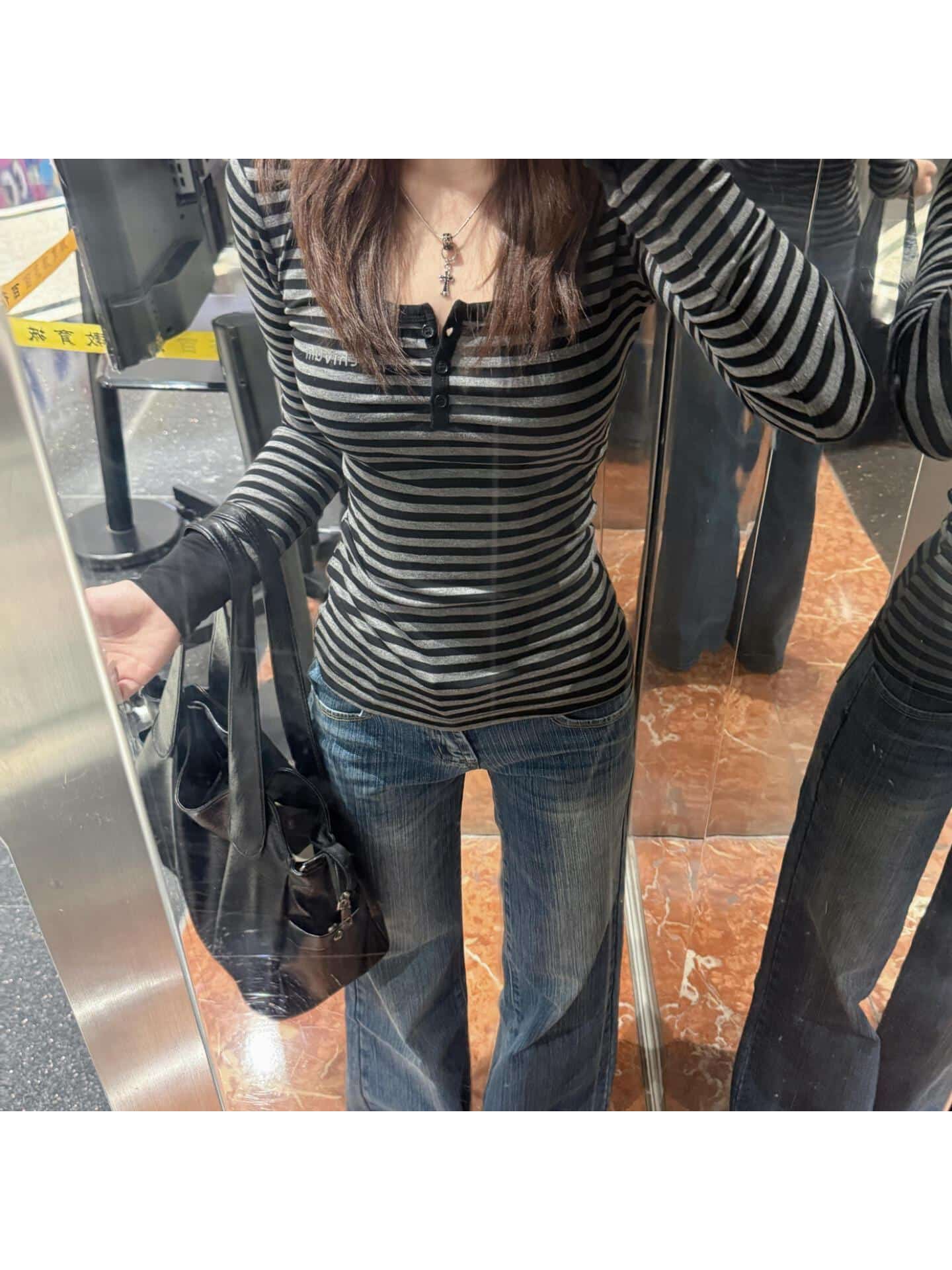 【美シルエット】ボーダー ロンT レディース 長袖 Tシャツ ヘンリーネック ボタン カットソー スリム タイト フィット 着痩せ 細見え Y2K アメカジ ストリート 韓国 ファッション 春 秋 冬 トップス インナー 重ね着 カジュアル しましま 20代 30代 40代 大人 可愛い