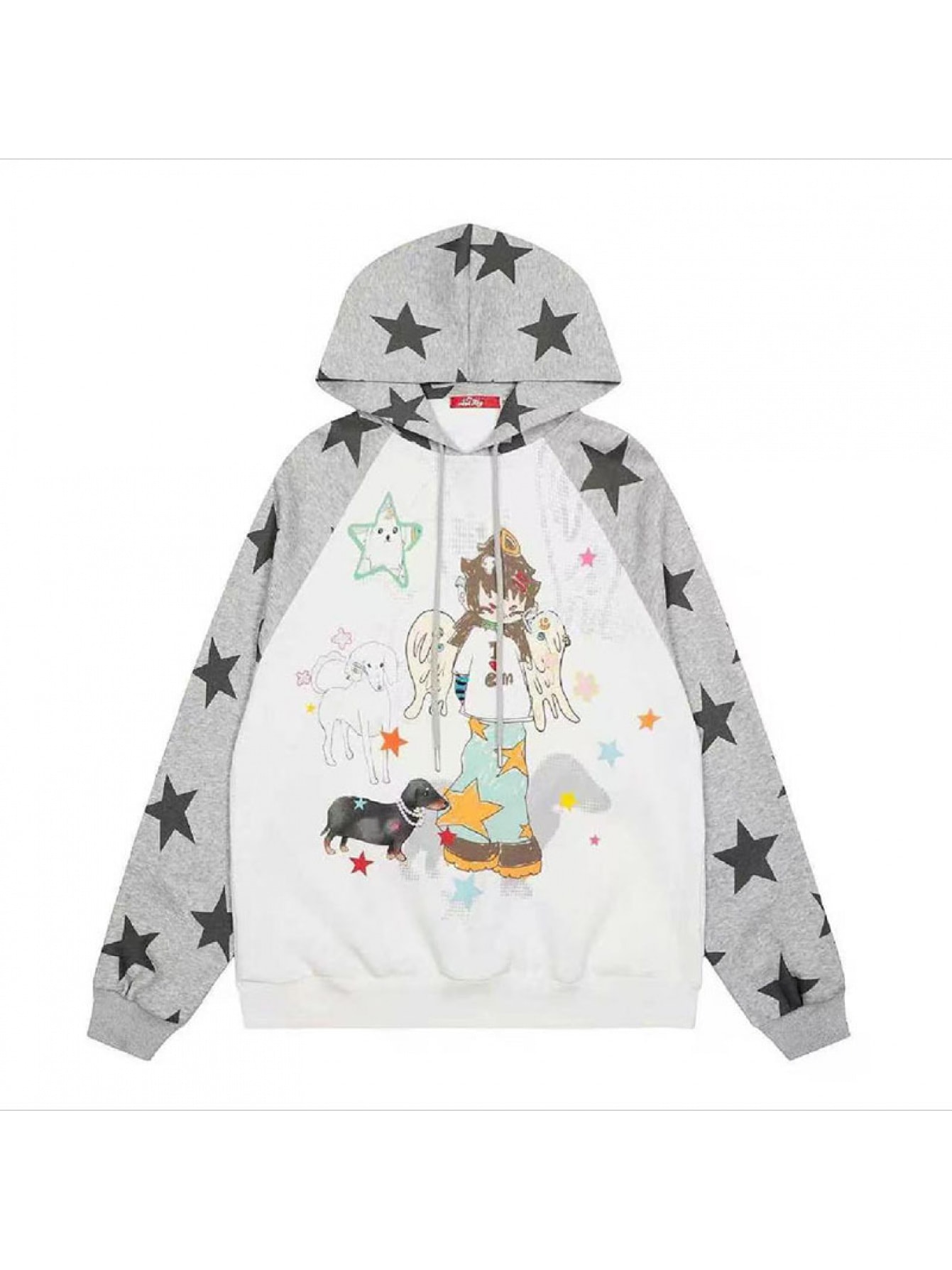 パーカー レディース フーディー トレーナー トップス 長袖 星柄 ラグランスリーブ 切替 キャラクター プリント アニメ アメカジ レトロ ストリート カジュアル オーバーサイズ ゆったり ビッグシルエット 大きいサイズ 体型カバー 華奢見え 可愛い 裏起毛 暖かい 春