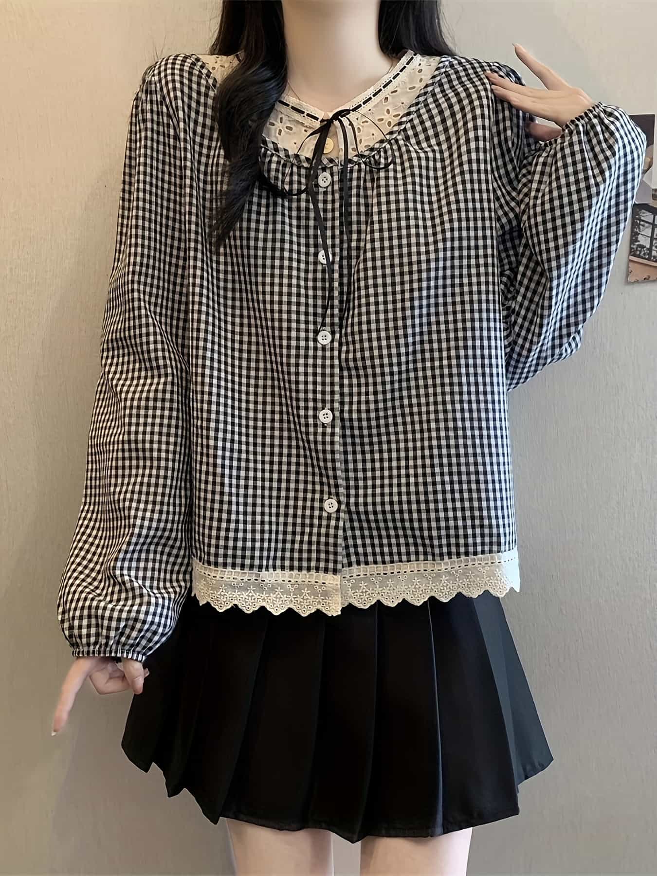 【大人可愛い】ギンガムチェック ブラウス レース 襟 リボン シャツ レディース 長袖 トップス チェック柄 チュニック ボリューム袖 体型カバー ゆったり 着痩せ 華奢見え レトロ フレンチ ガーリー フェミニン カジュアル きれいめ 重ね着 通勤 通学 春 秋 冬 清楚
