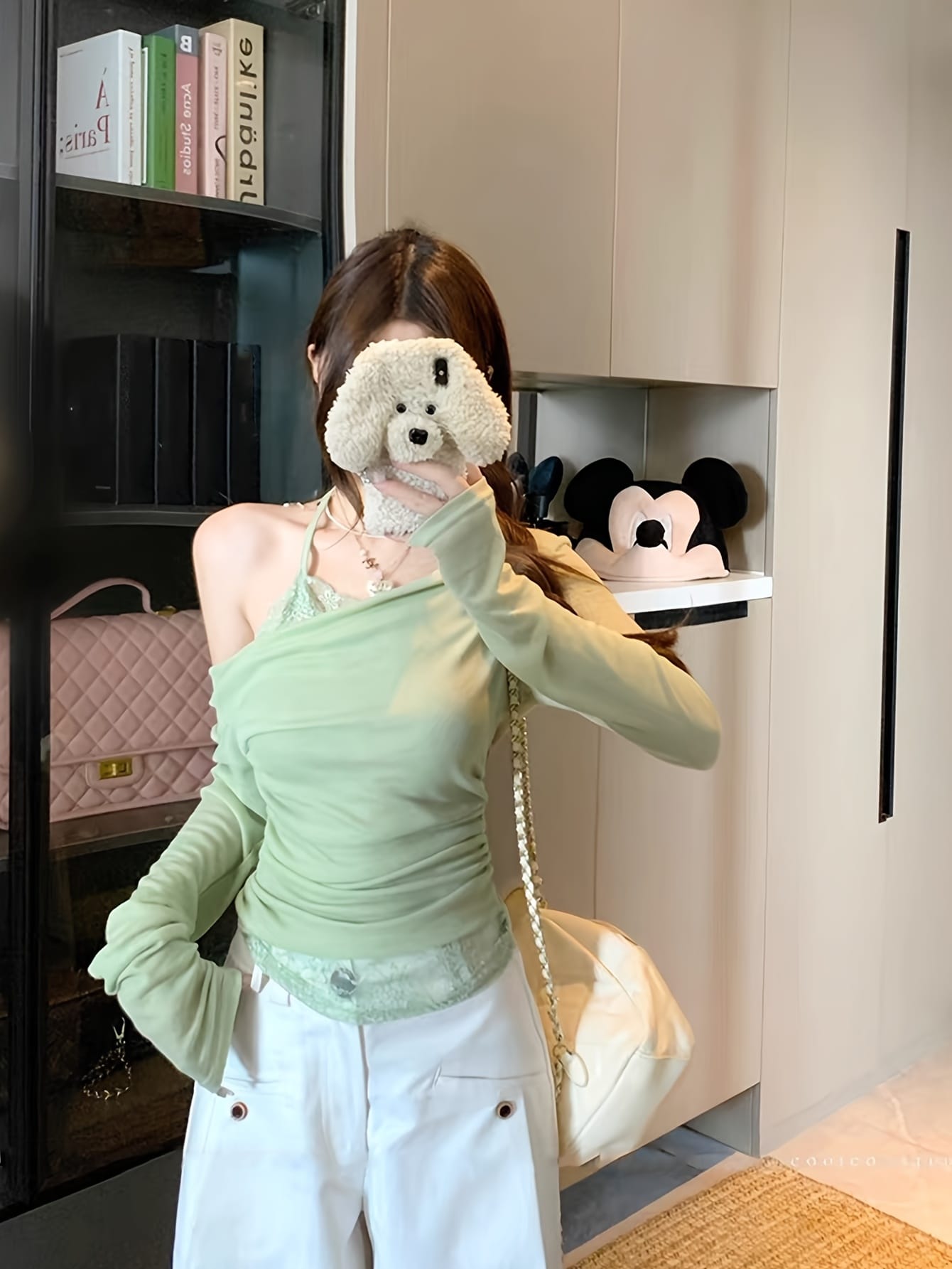 【レイヤード風】カットソー レディース 長袖 レース 重ね着風 トップス アシンメトリー オフショル ワンショル ホルターネック 肩出し ドレープ シャーリング Ｔシャツ ロンＴ インナー 着痩せ 細見え 体型カバー ストレッチ 伸縮性 タイト 華奢見え カジュアル