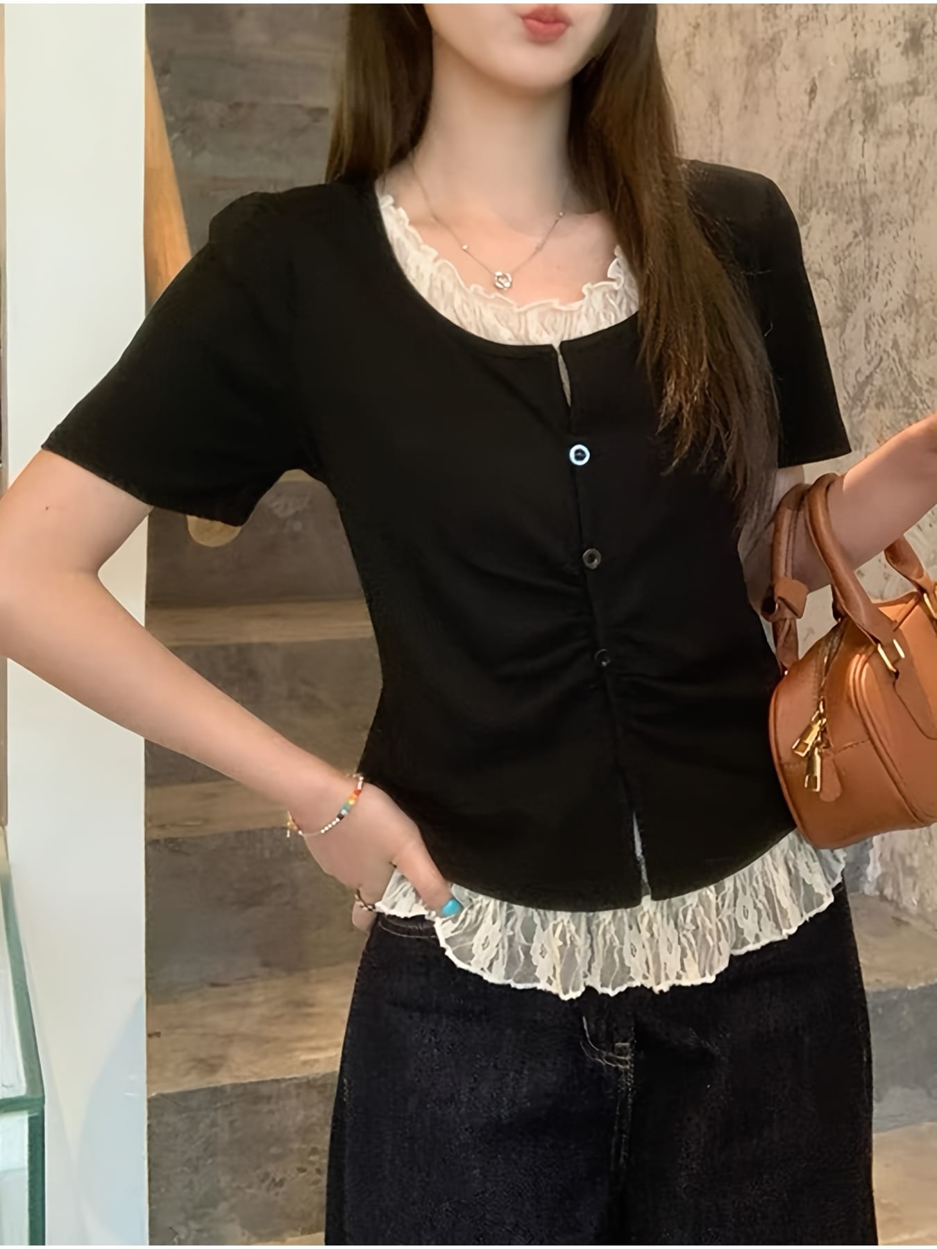 ブラウス レディース 長袖 レイヤード風 トップス ビスチェ風 重ね着風 ドッキング 小花柄 ドット シャツ ボリューム袖 盛り袖 体型カバー 着痩せ 二の腕カバー 華奢見え 大人可愛い きれいめ カジュアル 韓国 春 秋 冬 通勤 オフィス デート お出かけ