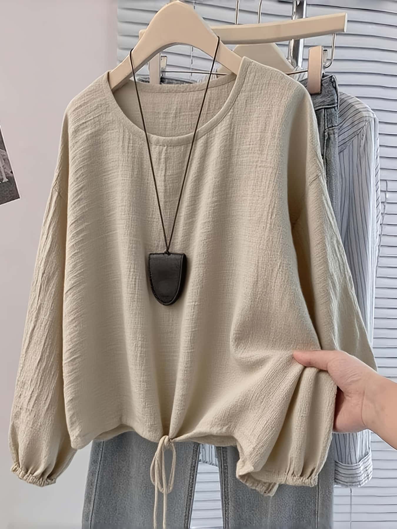【裾ドロスト】トップス レディース Tシャツ 長袖 ブラウス リネンタッチ カットソー ロンT プルオーバー チュニック 綿混 無地 ゆったり 大きいサイズ ビッグシルエット 体型カバー 着痩せ 細見え バルーン袖 ボリューム袖 丸首 クルーネック 春 秋 カジュアル