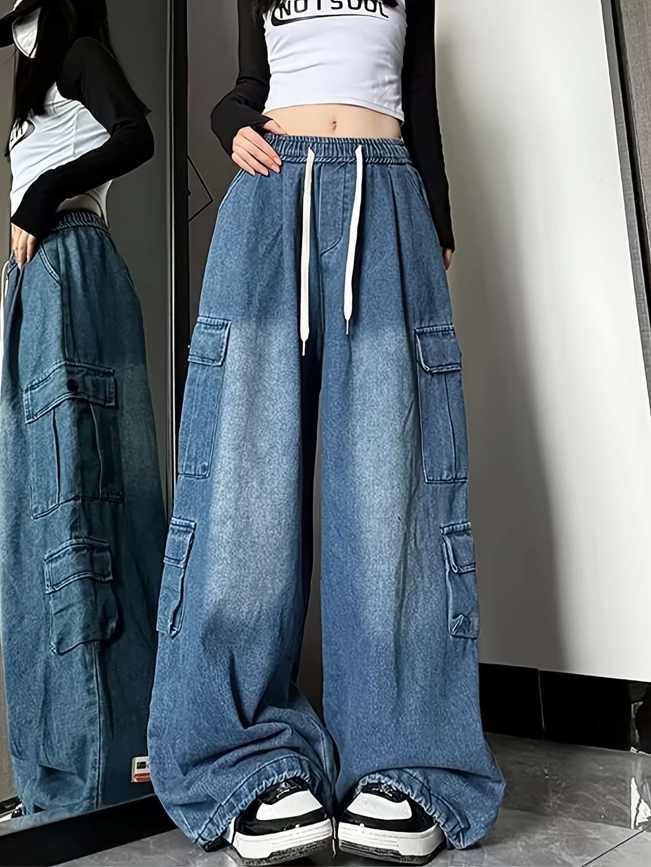 カーゴパンツ デニム レディース ワイドパンツ ジーンズ ウエストゴム ゆる デニムパンツ ジーパン ズボン ボトムス ロング丈 ドロスト 紐付き ポケット 多機能 タック ストレートパンツ ワークパンツ ミリタリー 体型カバー 着痩せ 脚長 細見え 美脚 ゆったり 楽ちん