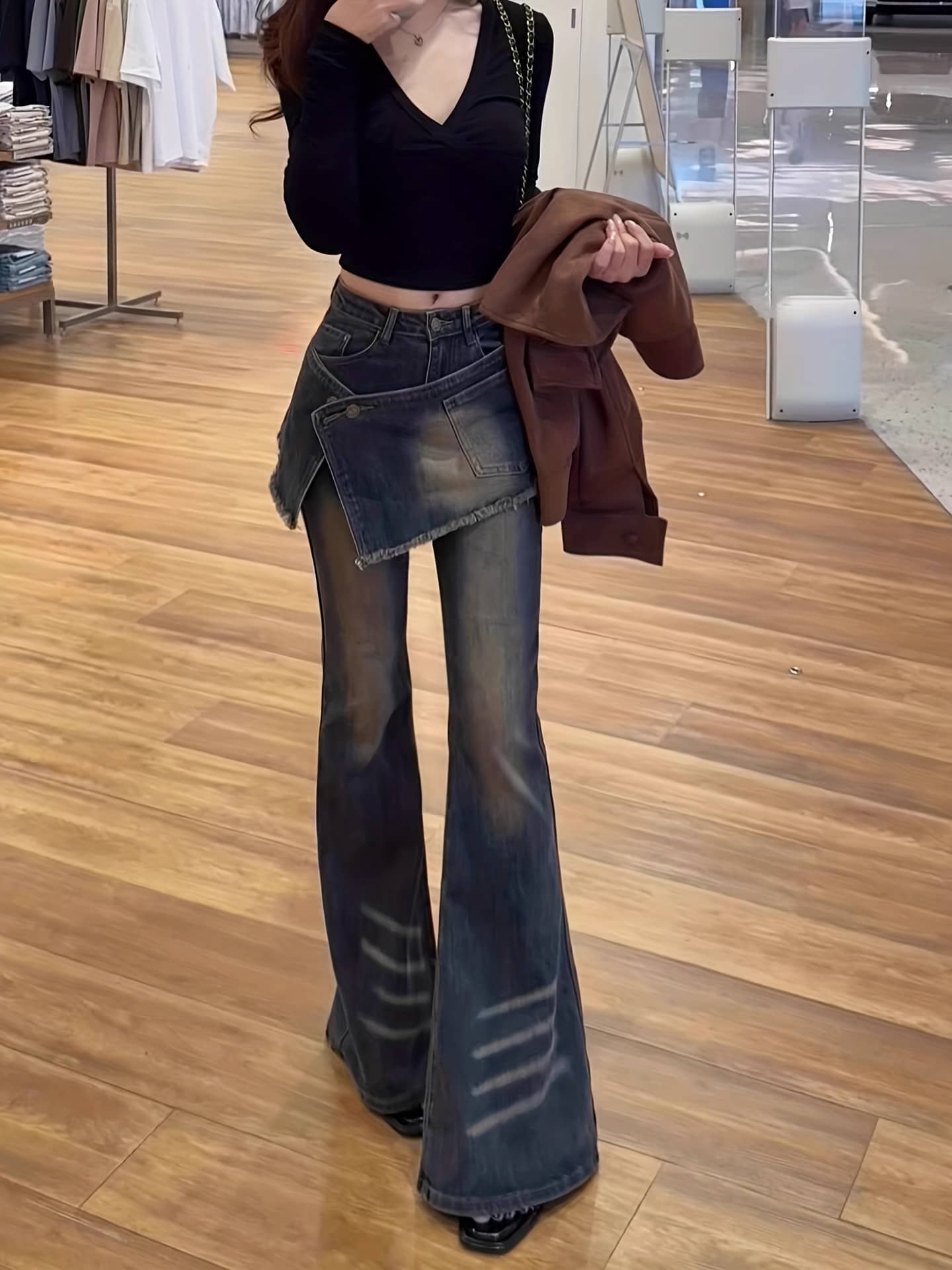 デニム パンツ レディース レースアップ ベルボトム ジーンズ ブーツカット ジーパン ロング丈 ハイウエスト 美脚 脚長効果 スリット ダメージ フリンジ カットオフ 裾フリンジ ボトムス ズボン 大人可愛い カジュアル ストリート 韓国風 20代 30代