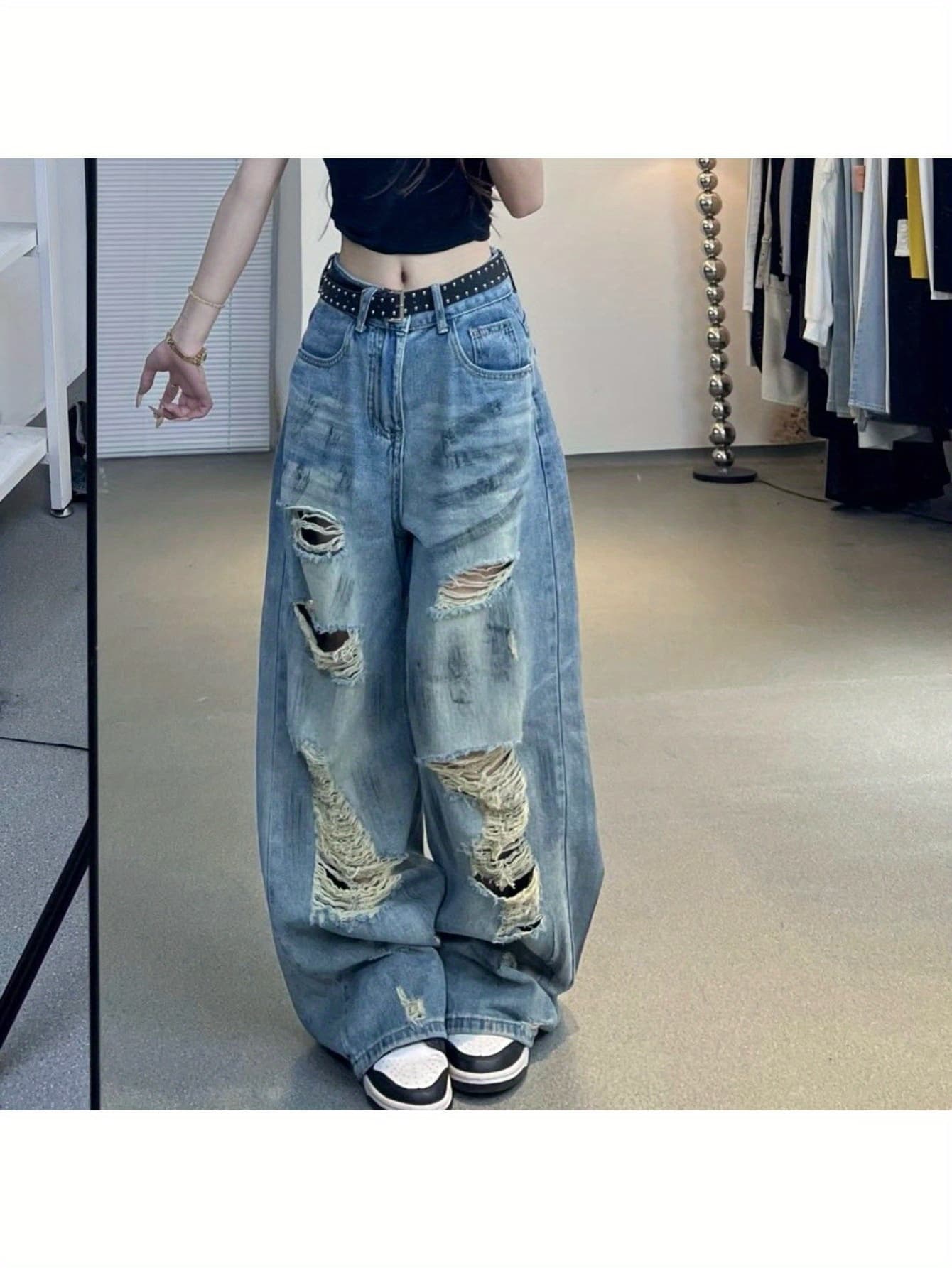 【ダメージ加工】デニム ワイドパンツ レディース ジーンズ ダメージジーンズ バギーパンツ クラッシュ ジーパン ズボン ストレート ロング丈 ハイウエスト 体型カバー 脚長 美脚 細見え 着痩せ ヴィンテージ風 ユーズド加工 ストリート系 韓国 Y2K カジュアル 春 夏｜Yokos