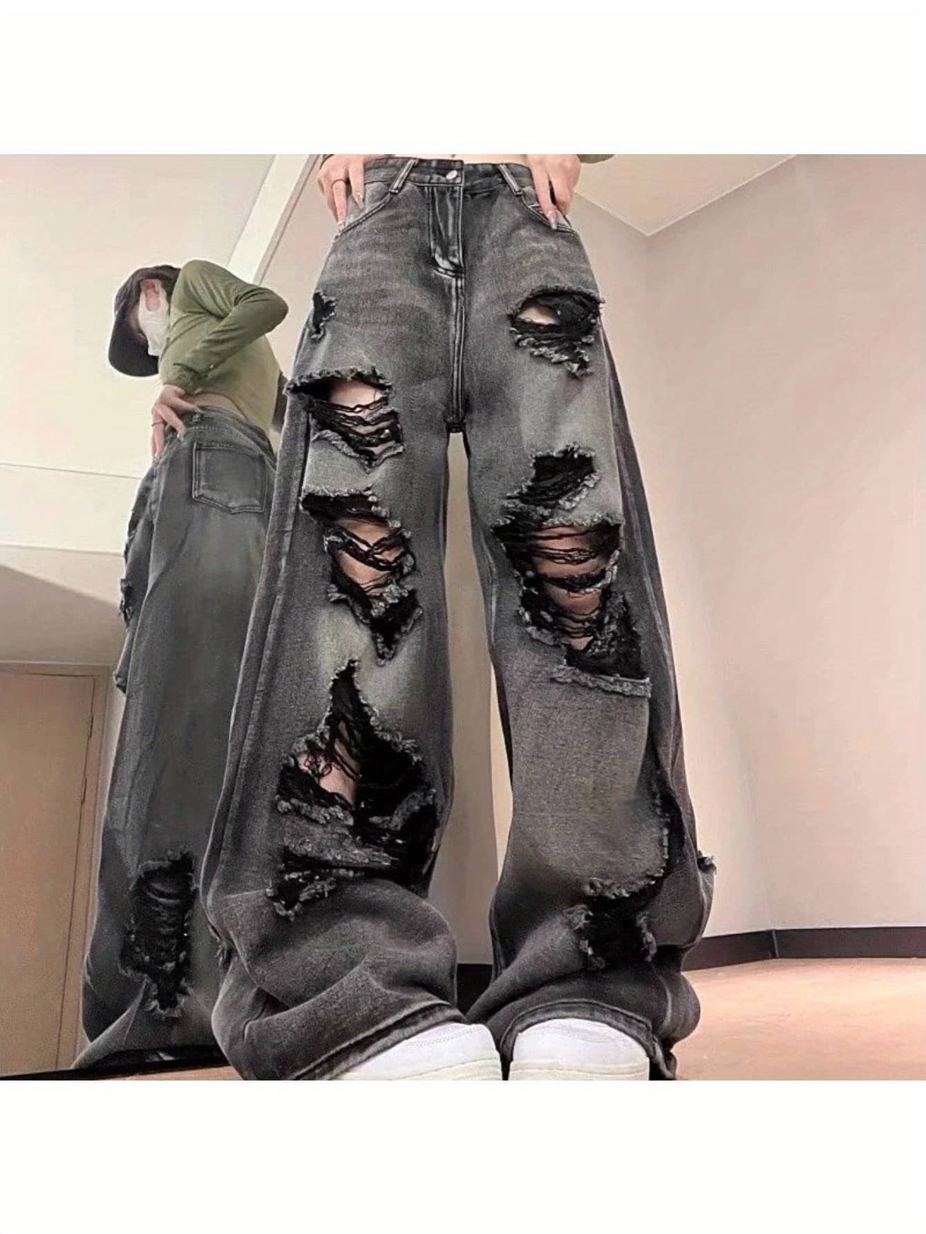 【ダメージ加工】ワイドパンツ デニム レディース ジーンズ クラッシュ ジーパン ズボン ボトムス ストレート ハイウエスト ゆるパン ゆったり 股上深め 韓国 ストリート系 Y2K モード 体型カバー 脚長 美脚 着痩せ 細見え ヴィンテージ風 春 夏 秋 冬 グレー