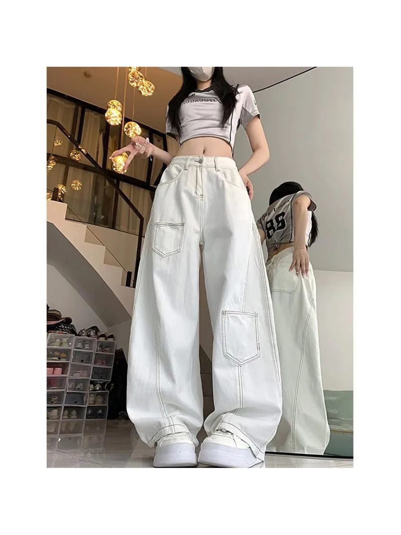 【配色ステッチ】デニム ワイドパンツ レディース ジーンズ ジーパン ズボン ボトムス ハイウエスト カーブパンツ バナナパンツ 立体裁断 ストリート カジュアル ヴィンテージ風 ゆったり 楽ちん 体型カバー 着痩せ 脚?効果 美脚 細見え 20代 30代 40代 ホワイト 白