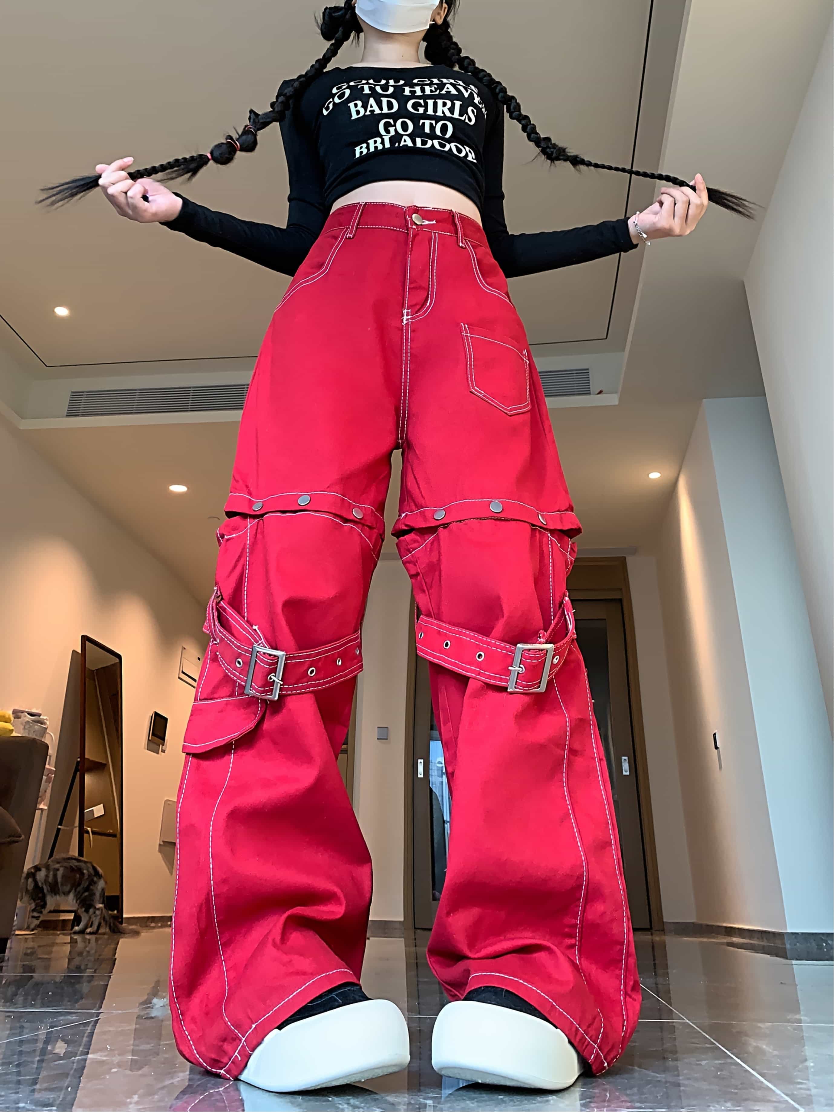 【2WAY】カーゴパンツ レディース ワイドパンツ デニム 赤 レッド ワークパンツ セパレート デザイン ストリート ダンス 衣装 ヒップホップ ズボン ロングパンツ ハーフパンツ 切り替え 取り外し可能 おしゃれ 個性的 派手 ハイウエスト 体型カバー 脚長 美脚 y2k