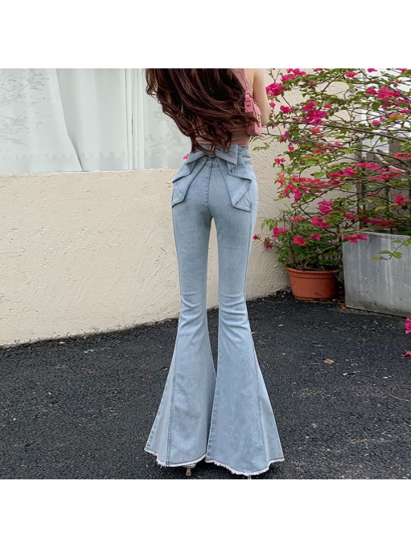 デニム パンツ レディース レースアップ ベルボトム ジーンズ ブーツカット ジーパン ロング丈 ハイウエスト 美脚 脚長効果 スリット ダメージ フリンジ カットオフ 裾フリンジ ボトムス ズボン 大人可愛い カジュアル ストリート 韓国風 20代 30代｜Yokos