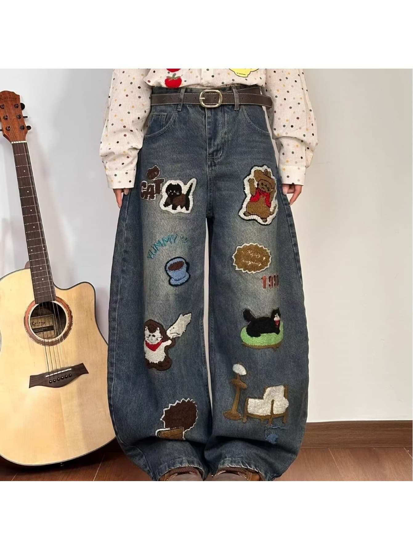 【サガラ刺繍】 デニム ワイドパンツ レディース ジーンズ ジーパン ズボン ワッペン アニマル キャラクター 刺繍 アメカジ ストリート系 ヴィンテージ風 バギーパンツ ボトムス ロングパンツ ハイウエスト ゆる ゆったり 体型カバー 着痩せ 脚長 美脚 個性的