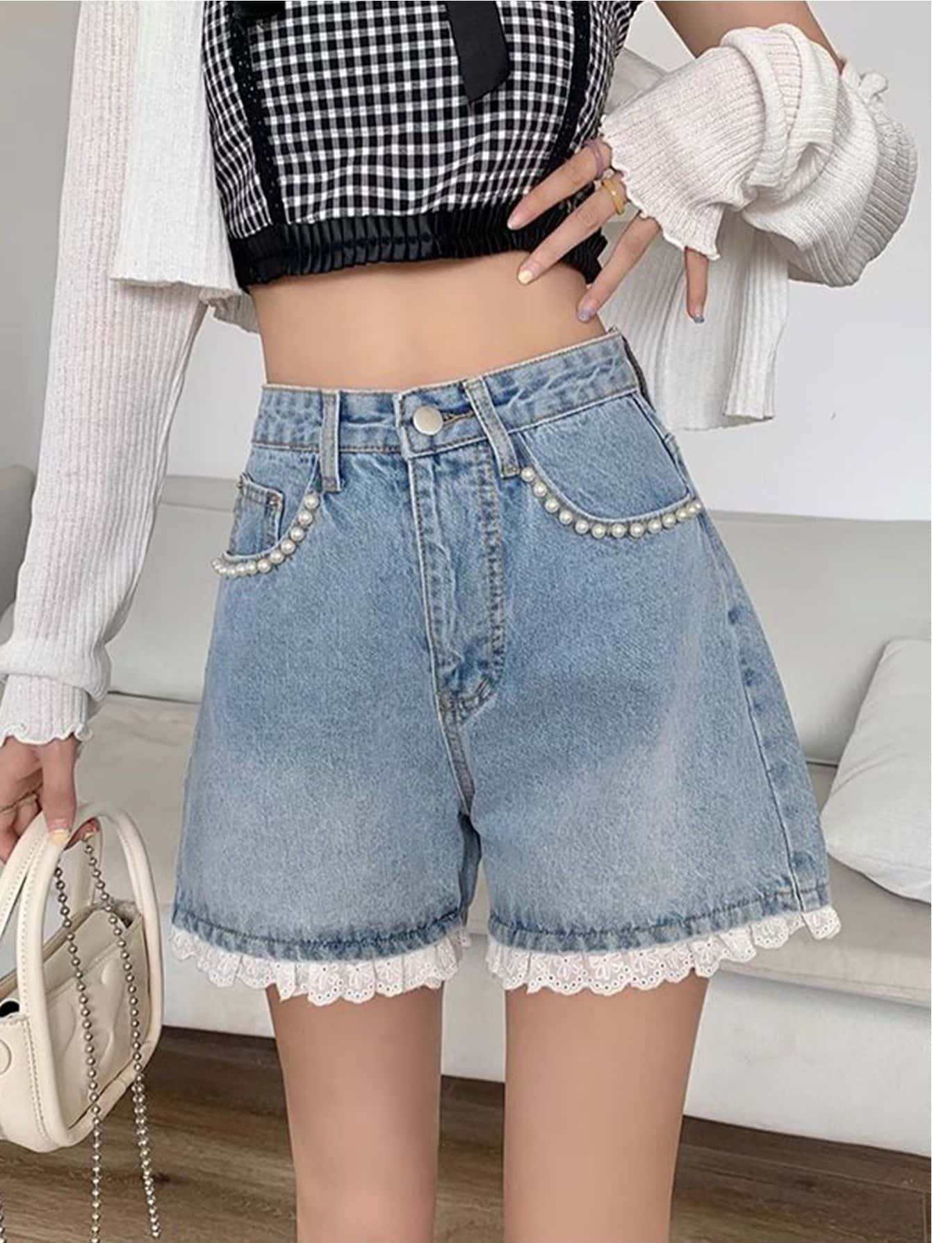 【裾レース×パール】デニムショートパンツ レディース ハイウエスト ショーパン 短パン Aライン 着痩せ 脚長 美脚効果 ジーパン ズボン ボトムス デニムショーツ ホットパンツ ハーフパンツ ワイド シルエット 5分丈 ゆったり 体型カバー 大人可愛い フェミニン 4,672円