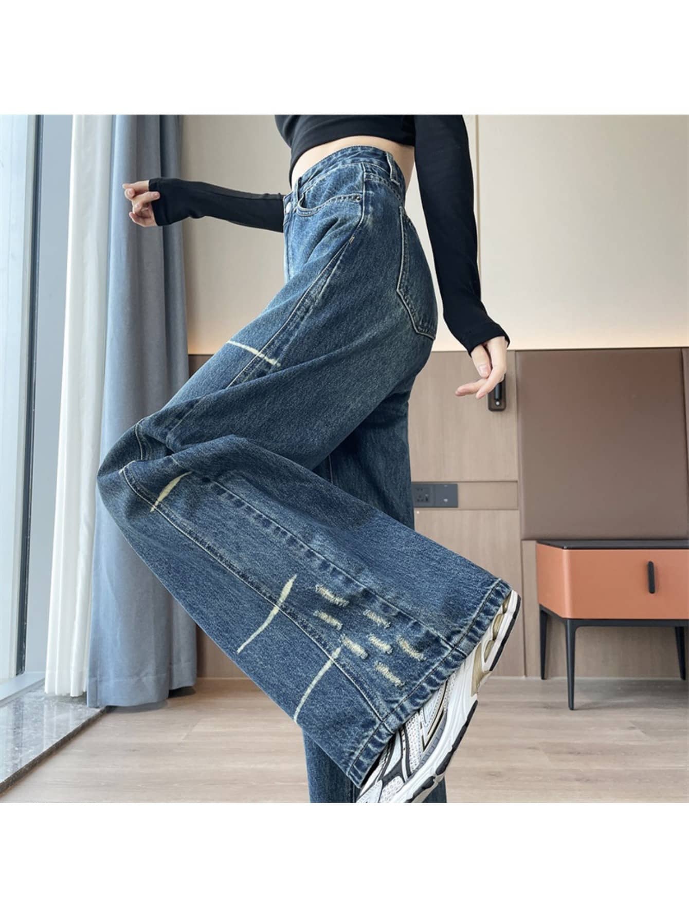【ヴィンテージ風】 デニム パンツ レディース ジーンズ ワイドパンツ ジーパン ハイウエスト ダメージ ウォッシュ ストレート ルーズ ゆったり 体型カバー 着痩せ 脚長 美脚 細見え ロング丈 ボトムス ズボン 秋 冬 春 夏 オールシーズン 韓国ファッション カジュアル