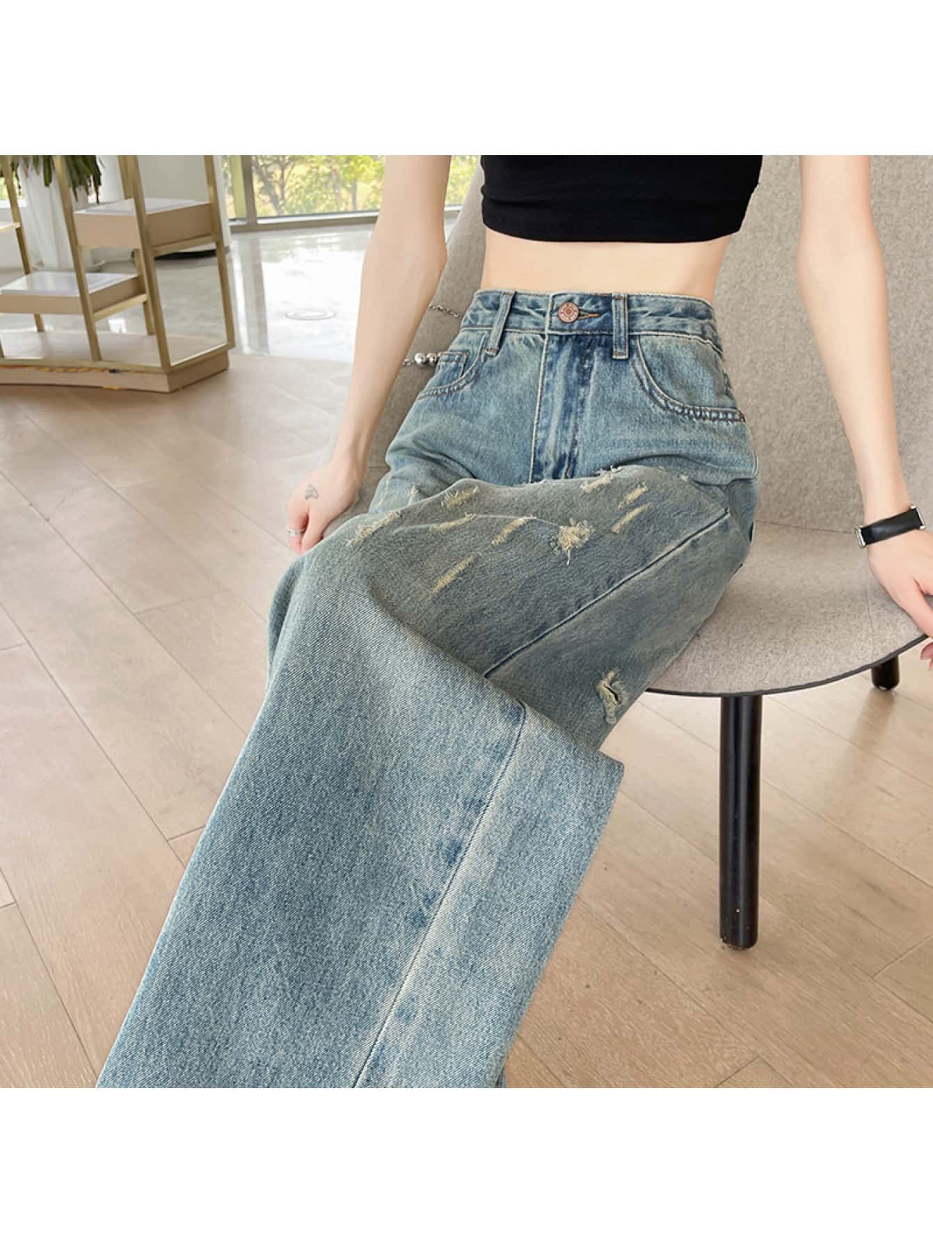 【美脚効果】デニム ワイドパンツ レディース ダメージ ジーンズ ハイウエスト ストレート ジーパン クラッシュ ズボン ボトムス 穴あき 長ズボン ゆったり 体型カバー 着痩せ 脚長 こなれ感 ストリート 春 夏 秋 冬 ライトブルー 水色 ヴィンテージ風 大人可愛い