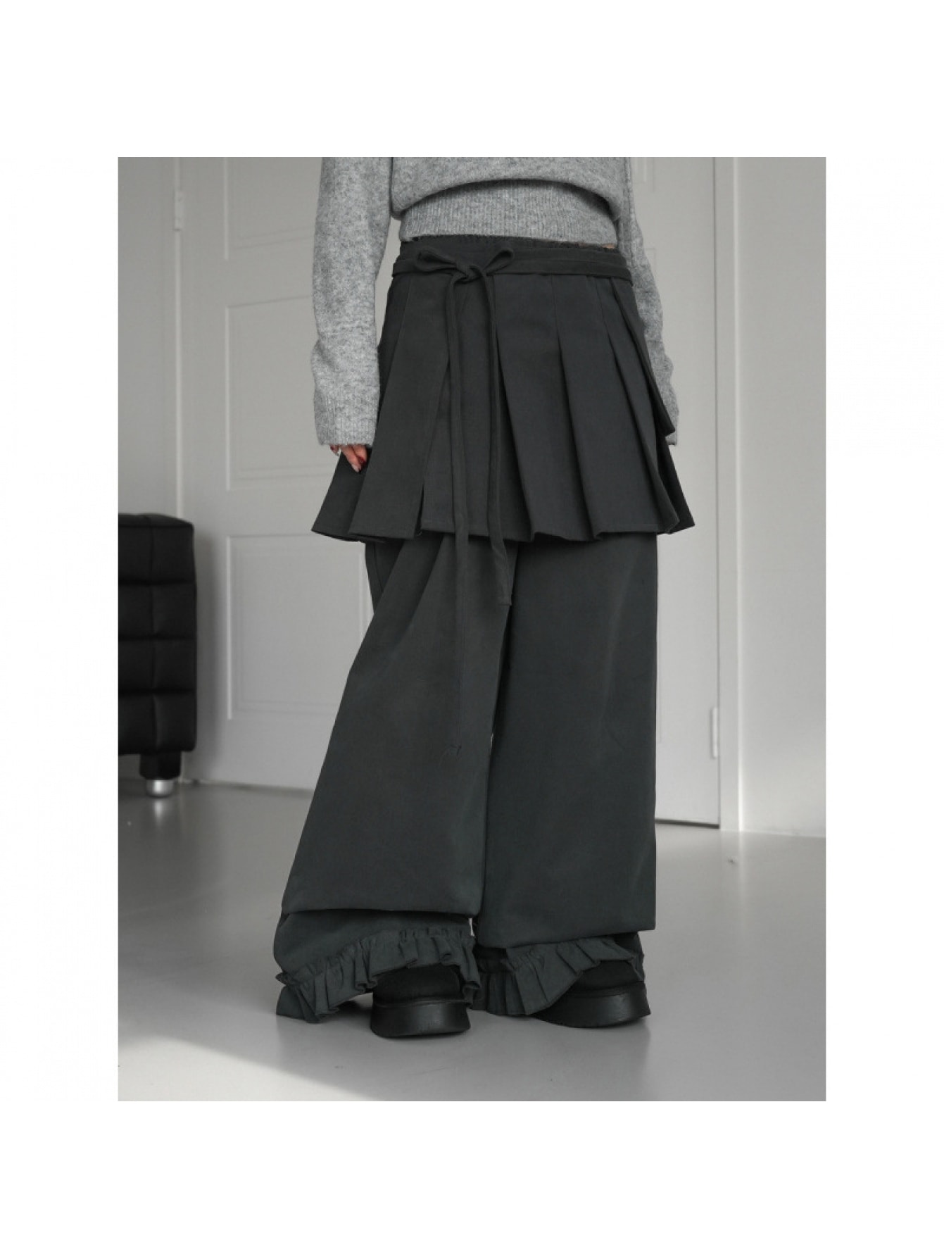 【2way】レイヤードパンツ レディース プリーツスカート付き セットアップ ワイドパンツ 裾フリル ボトムス ズボン ロング ガウチョパンツ 巻きスカート風 取り外し可能 無地 韓国ファッション ストリート モード系 ウエストリボン ウエストゴム 楽ちん 体型カバー