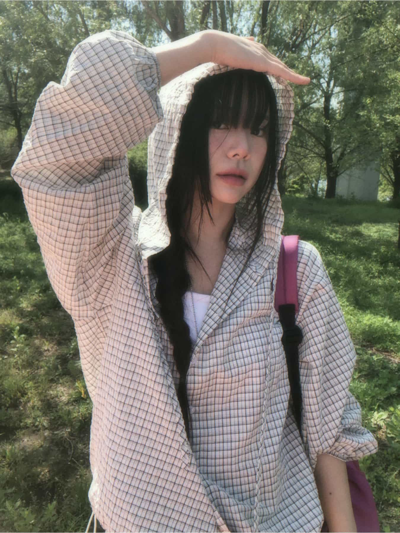 【UVカット＆撥水】チェック柄 フード付き シャツ レディース ブラウス ライトアウター パーカー ネルシャツ ギンガムチェック 長袖 羽織り トップス オーバーサイズ ゆったり 体型カバー 二の腕カバー 着痩せ 冷房対策 紫外線対策 薄手 軽い 楽ちん 韓国ファッション 8,424円