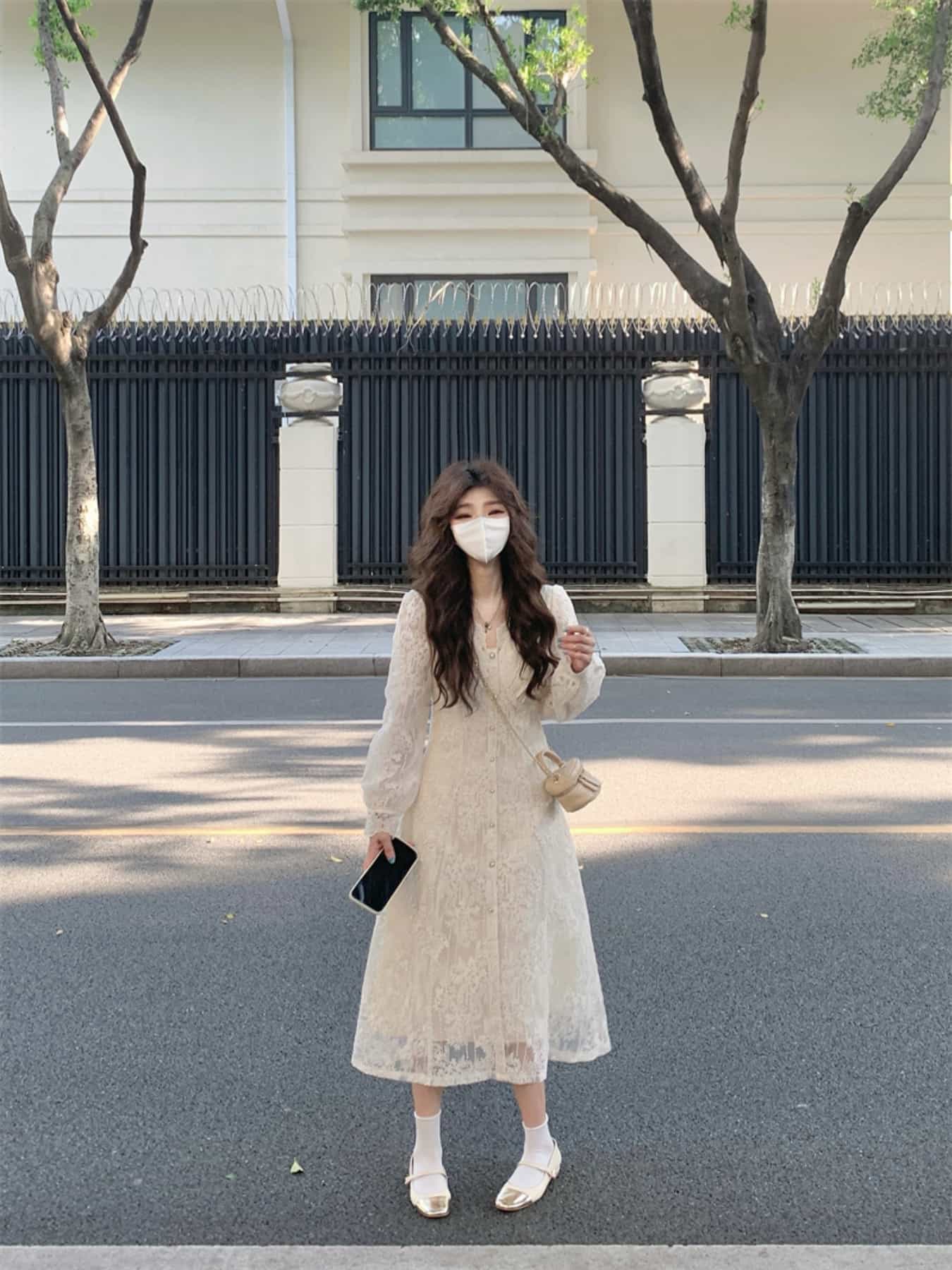 【総レース】ワンピース レディース ドレス ロングワンピース 長袖 Vネック ミモレ丈 Aライン ウエストマーク ハイウエスト 体型カバー 着痩せ 二の腕カバー 細見え 花柄 刺繍 透け感 シアー きれいめ 大人可愛い 結婚式 二次会 お呼ばれ パーティー 披露宴 謝恩会