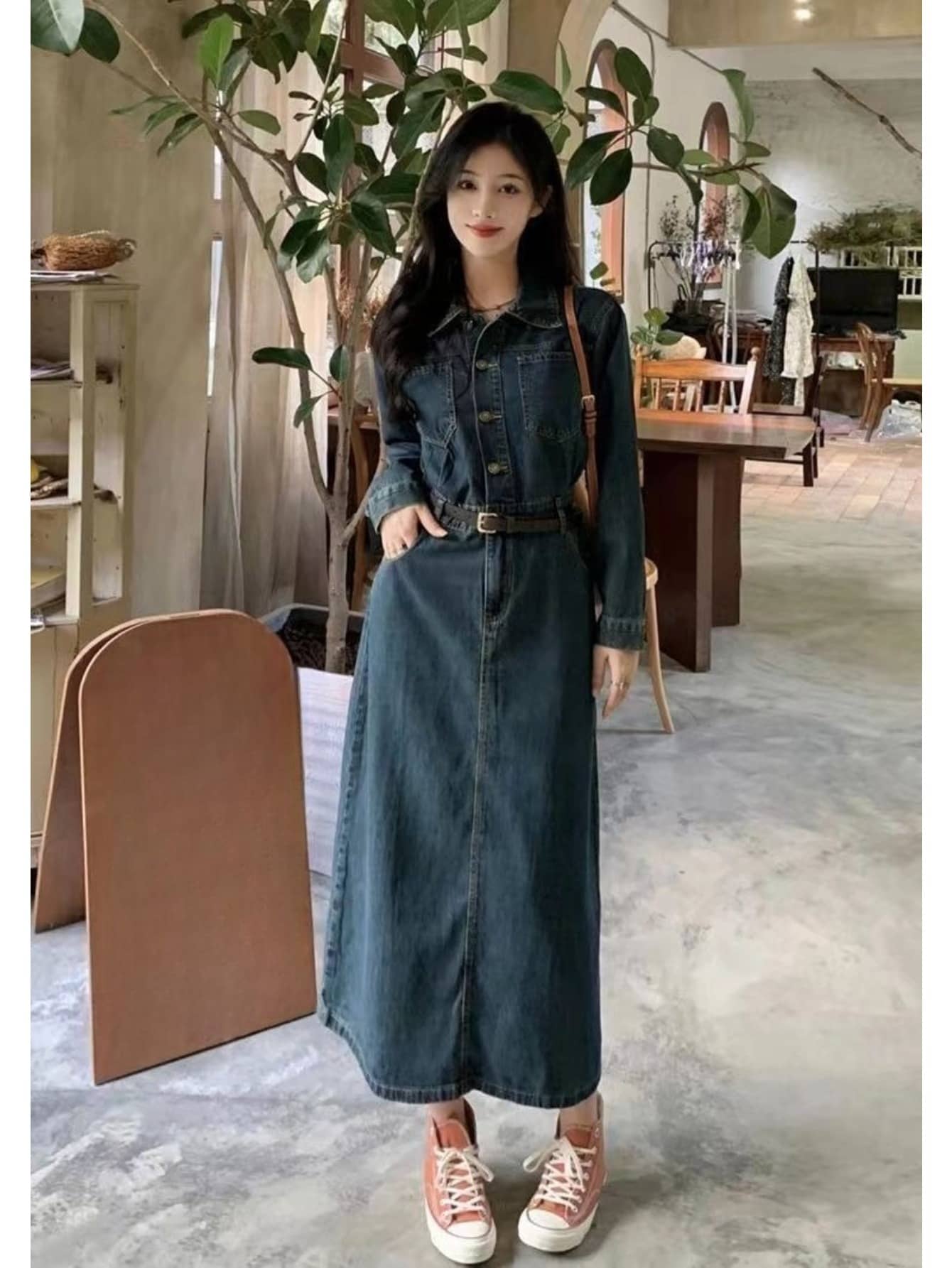 【ベルトセット】 デニムワンピース ロング シャツワンピース レディース 長袖 マキシ丈 ワンピ デニム シャツワンピ 前開き ボタン 襟付き Aライン 体型カバー 着痩せ 細見え ウエストマーク 20代 30代 40代 50代 大人可愛い きれいめ カジュアル おしゃれ 春 秋 冬|Yokos