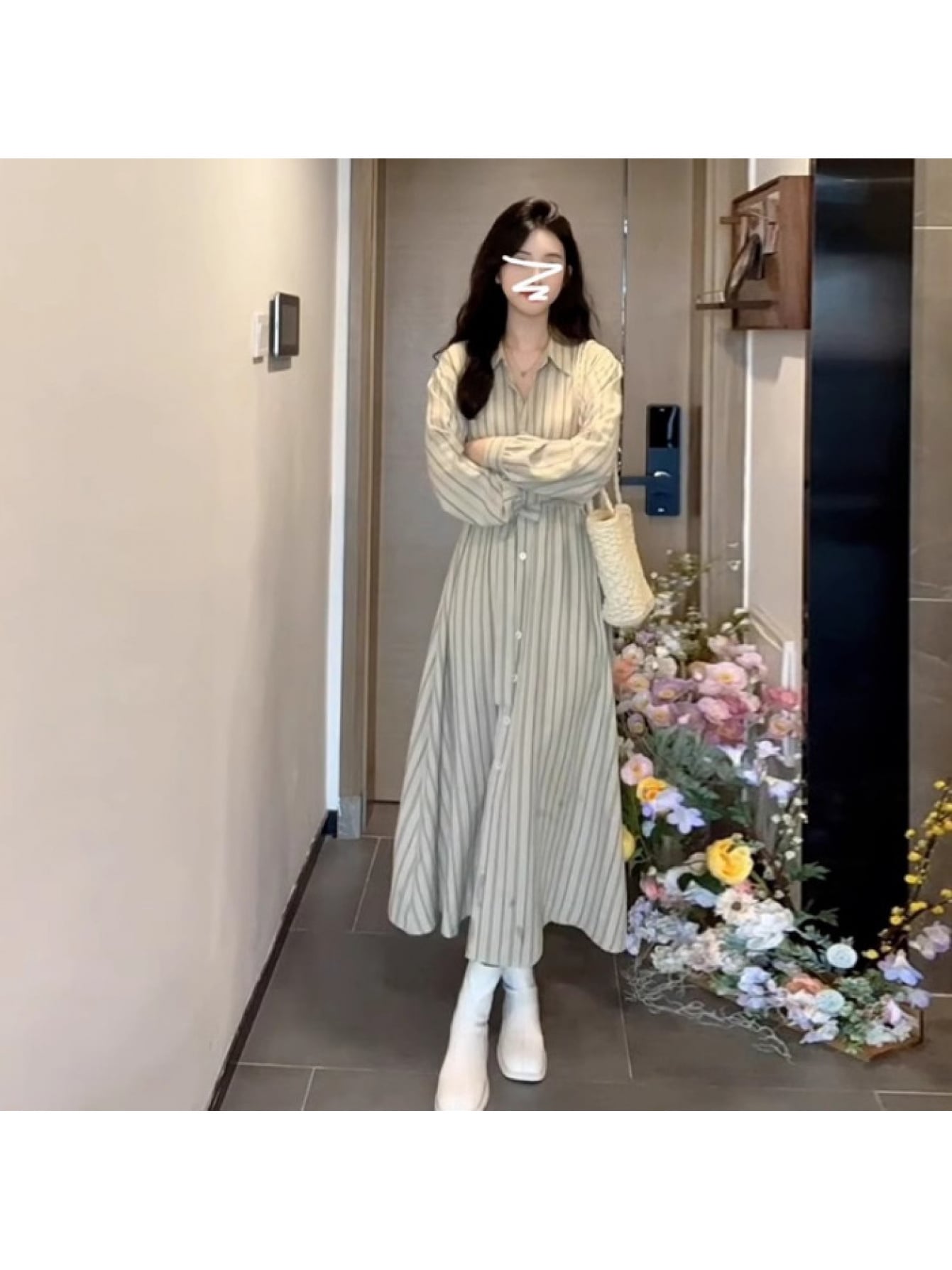 シャツワンピース レディース ロングワンピース ストライプ柄 長袖 襟付き ウエストマーク ウエストゴム 前開き ボタン 膝下 マキシワンピ ロング丈 チュニック Aライン 体型カバー 着痩せ 細見え 脚長効果 大人可愛い キレイめ カジュアル オフィス 通勤 通学