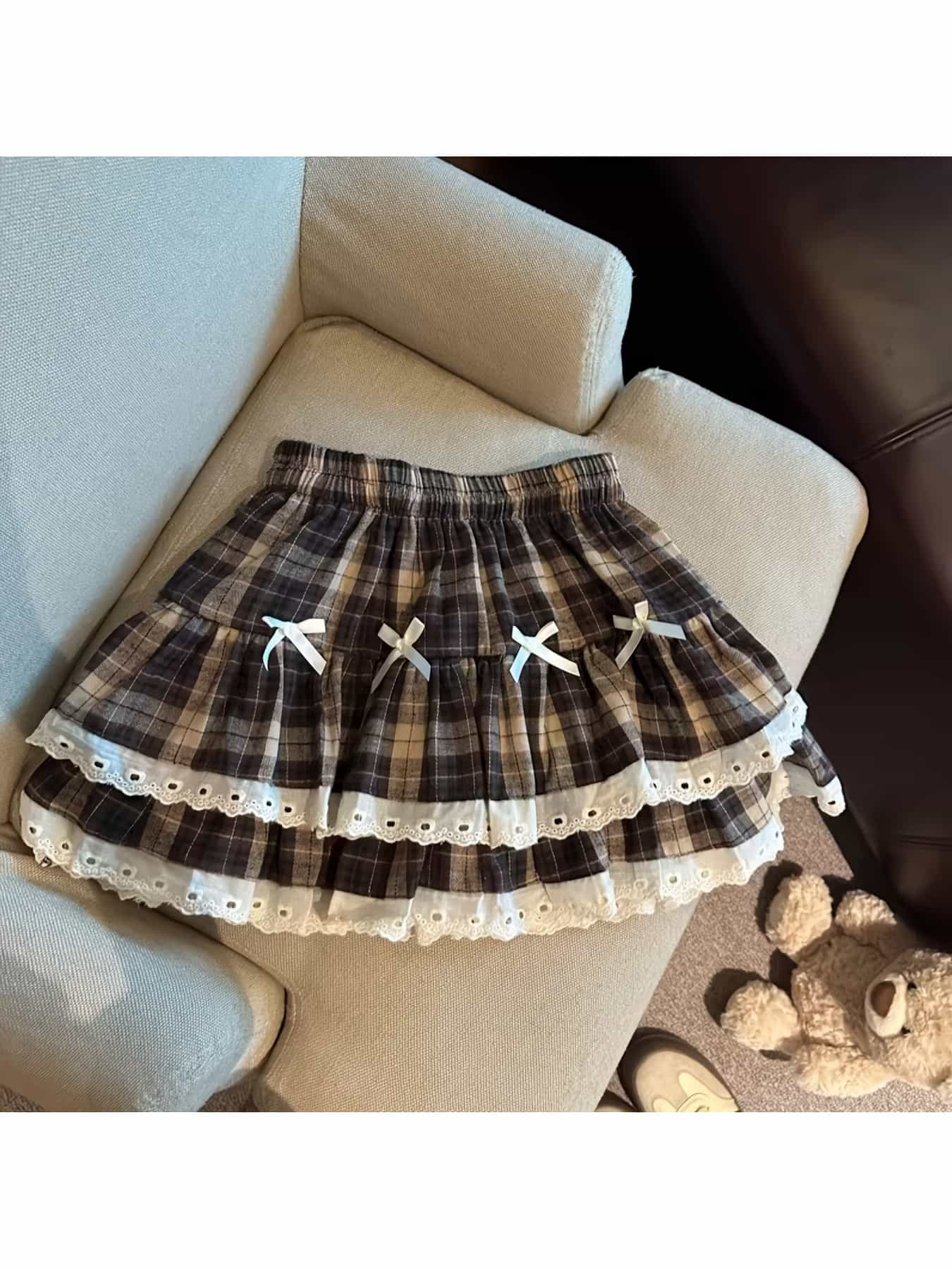 【レトロ可愛い】 ミニスカート チェック柄 ティアードスカート レディース レース リボン 膝上 ショート丈 Aライン フリル ケーキスカート ウエストゴム 楽ちん ボトムス 大人可愛い ガーリー フェミニン レトロ クラシック 美脚 脚長効果 着痩せ 細見え 地雷系