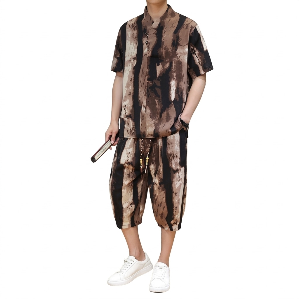 上下セット メンズ 夏服 綿麻 セットアップ 中国風 部屋着 甚平風 涼しい 快適 通気性 半袖 トップス 七分丈 パンツ 調整紐 抽象柄 ワイドシルエット 大きいサイズ カジュアル 爽やか 肌触り|Yokos