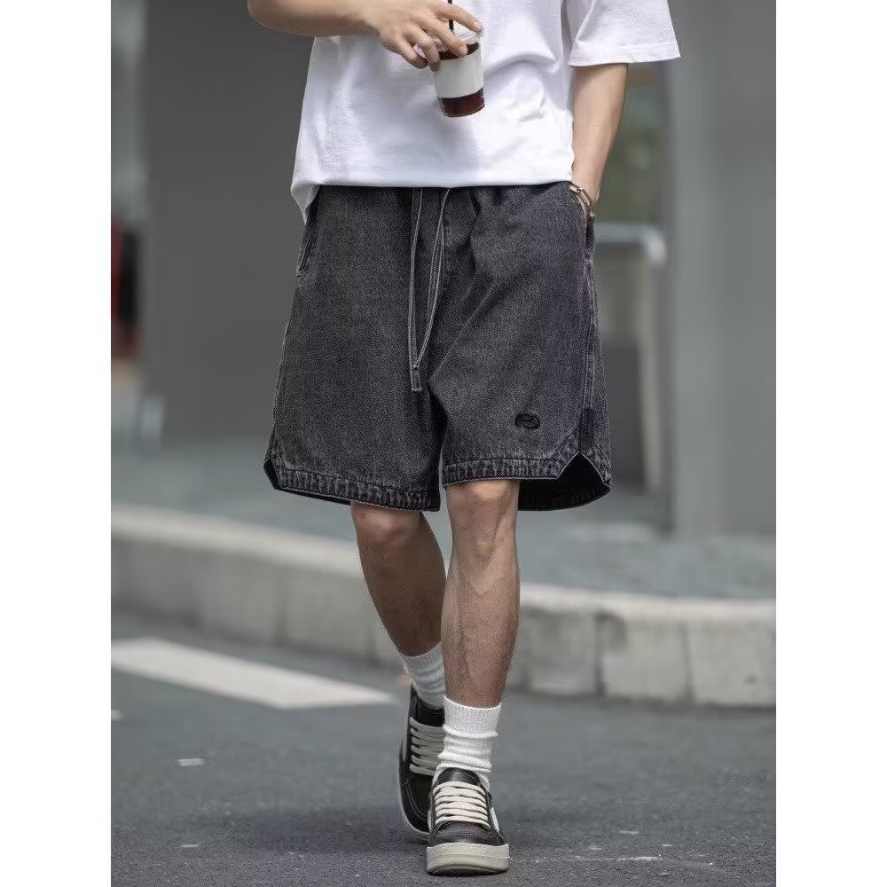 メンズ デニムショートパンツ ワイド ハーフパンツ ゆったり バギーパンツ ウエストゴム カジュアル ストリート ウォッシュ加工 春夏 短パン ドローストリング 5分丈 ボトムス ワークパンツ 部屋着｜Yokos