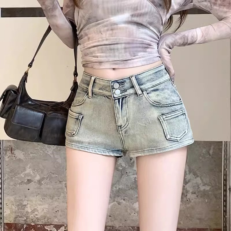 レディース デニム ショートパンツ ホットパンツ ハイウエスト 美脚 脚長 スリム 着痩せ カジュアル ストリート ヴィンテージ風 ジーンズ 短パン 春 夏 秋 通学 普段着 セクシー ミニ丈 ダブル｜Yokos