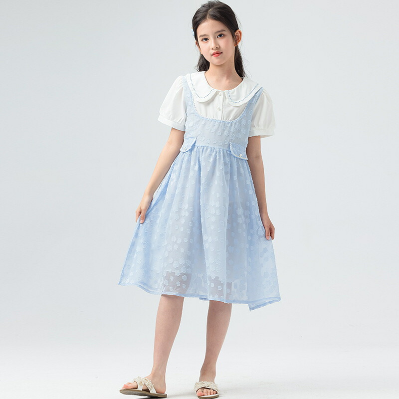 子供服 ワンピース 女の子 発表会 重ね着風 お嬢様 丸襟 シフォン プリンセス 膝丈 ガールズ 夏 かわいい お出かけ 通学 普段着 結婚式 涼しい ひざ丈 ふんわり 透け感 清楚 上品 半袖 カジ｜Yokos