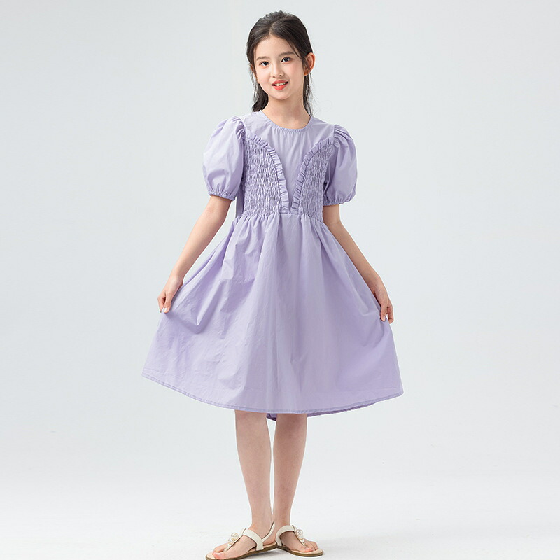 子供服 ワンピース 女の子 半袖 パフスリーブ シャーリング フリル Aライン キッズ ガールズ プリンセス ドレス お出かけ 発表会 結婚式 普段着 春 夏 かわいい おしゃれ 膝丈 ジュニア 清楚｜Yokos