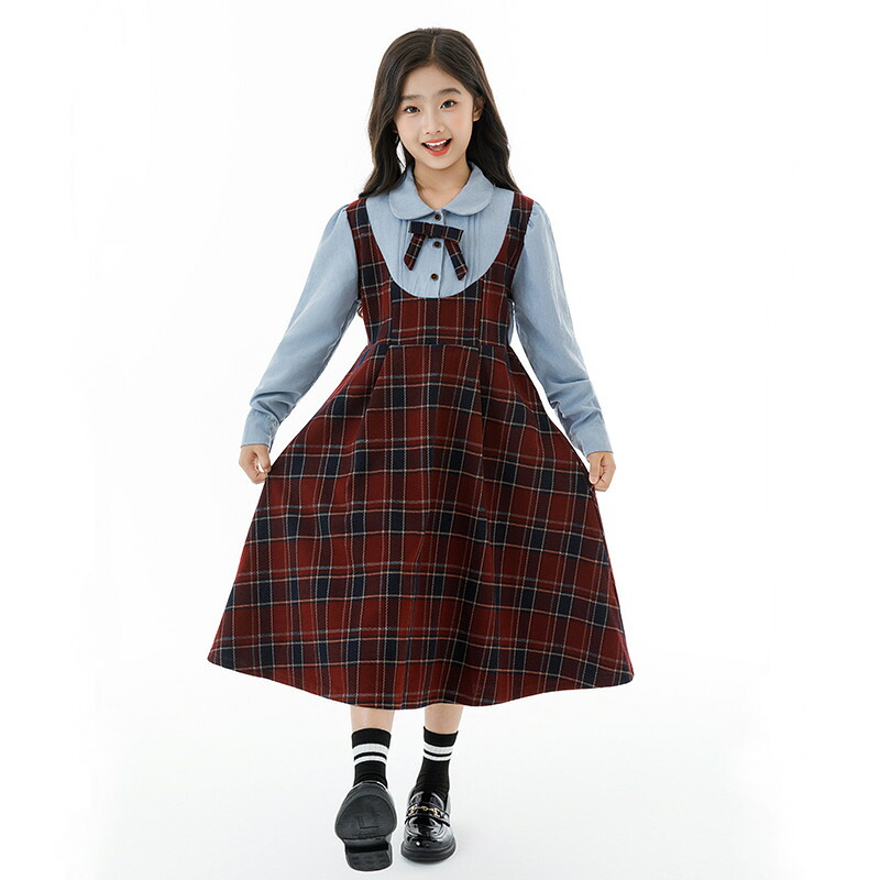 女の子 ワンピース 子供服 ジャンパースカート ブラウス 2点セット 長袖 英国風スタイル Aラインスカート チェック柄 リボン セミフォーマル 入園式 卒園式 発表会 お出かけ 通園 清楚 上品 可｜Yokos