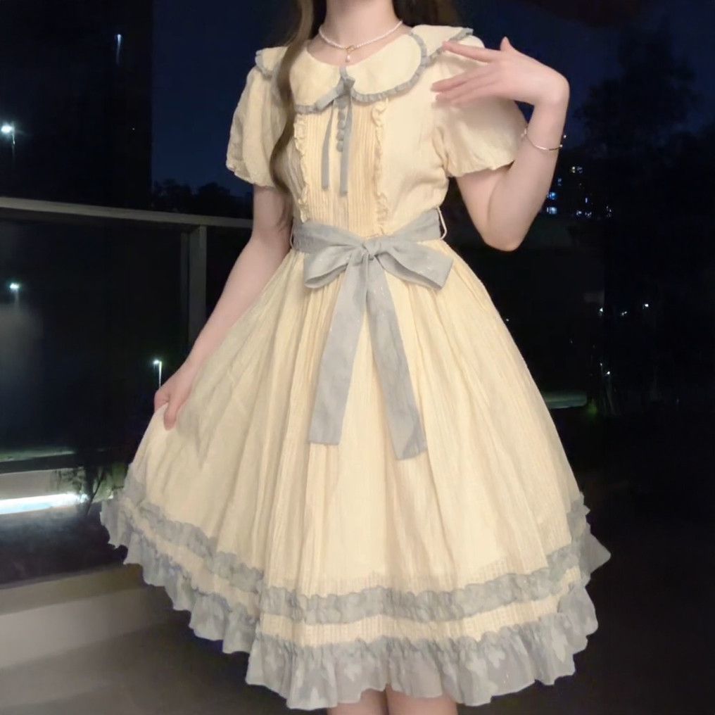ワンピース レディース お姫様 ガーリー 清楚 半袖 フリル襟 パフスリーブ 膝丈 森ガール レトロ ヴィンテージ風 エレガント 裏地あり 透け防止 ウエストリボン フレアシルエット 清潔感 学生 通｜Yokos