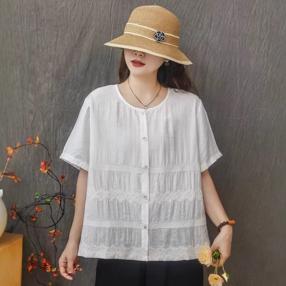 ブラウス レディース 半袖 夏 レース 刺繍 切り替え 前開き トップス 丸首 ゆったり 綿 麻 涼しい チュニック カジュアル ナチュラル お洒落 森ガール 体型カバー 大きいサイズ 通勤｜Yokos