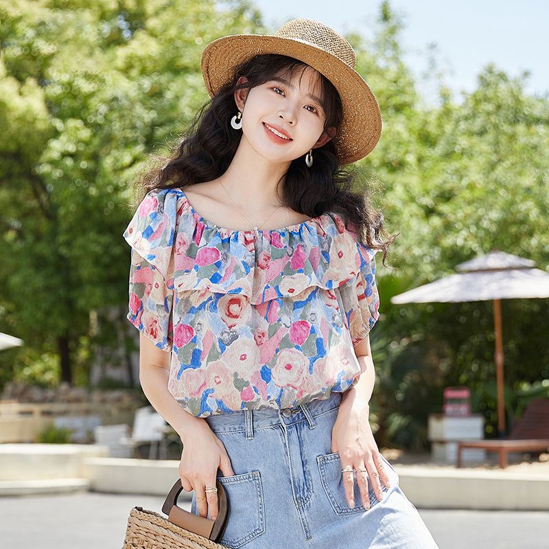 ブラウス レディース 半袖 オフショルダー トップス 花柄 フリル シフォンシャツ ゆったり 涼しい 上品 きれいめ カジュアル フェミニン 春 夏 総柄 プルオーバー 体型カバー おしゃれ 可愛い｜Yokos