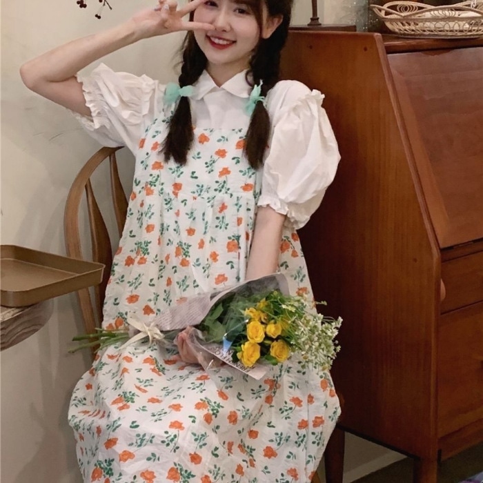 ワンピース レディース ジャンパースカート ブラウス 2点セット 花柄 小花柄 半袖 パフスリーブ ロング丈 ミモレ丈 レトロ 森ガール カジュアル お洒落 可愛い フェミニン 清楚系 デート 春 夏｜Yokos