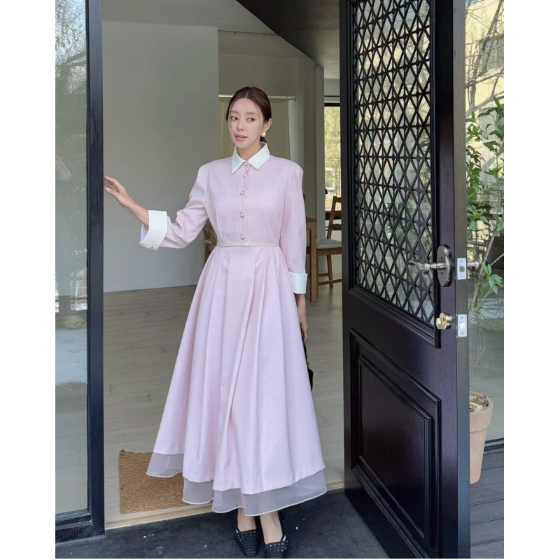 ワンピース レディース 襟付き バイカラー きれいめ ロング ワンピース 長袖 Aライン フレンチ レトロ お呼ばれ 結婚式 通勤 上品 無地 春 秋 冬 ピンク｜Yokos