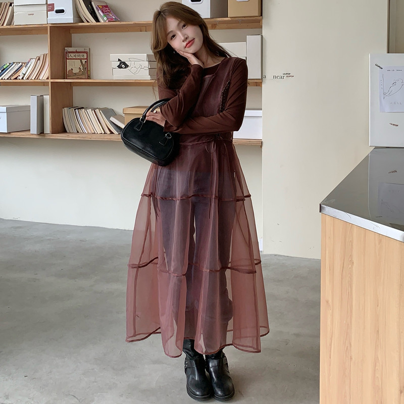 チュールワンピース セット レディース シアー オーガンジー キャミワンピ 長袖 カットソー 2点セット レイヤード 透け感 大人可愛い 春 秋 ブラウン|Yokos