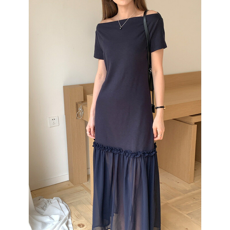 ワンピース レディース ロング丈 マキシ丈 ボートネック 半袖 切り替え シアー チュール フリル 裾フリル きれいめ カジュアル ゆったり 体型カバー 大人可愛い 上品 春夏 ネイビー|Yokos