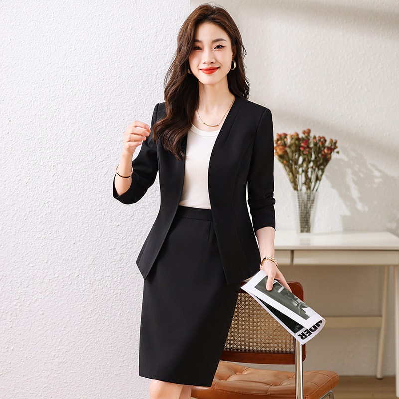 レディース スーツ スカートスーツ セットアップ 2点セット ノーカラー 膝丈 タイトスカート スリム きれいめ 事務服 礼服 通勤 面接 卒業式 入学式 20代 30代 40代 50代 洗える｜Yokos