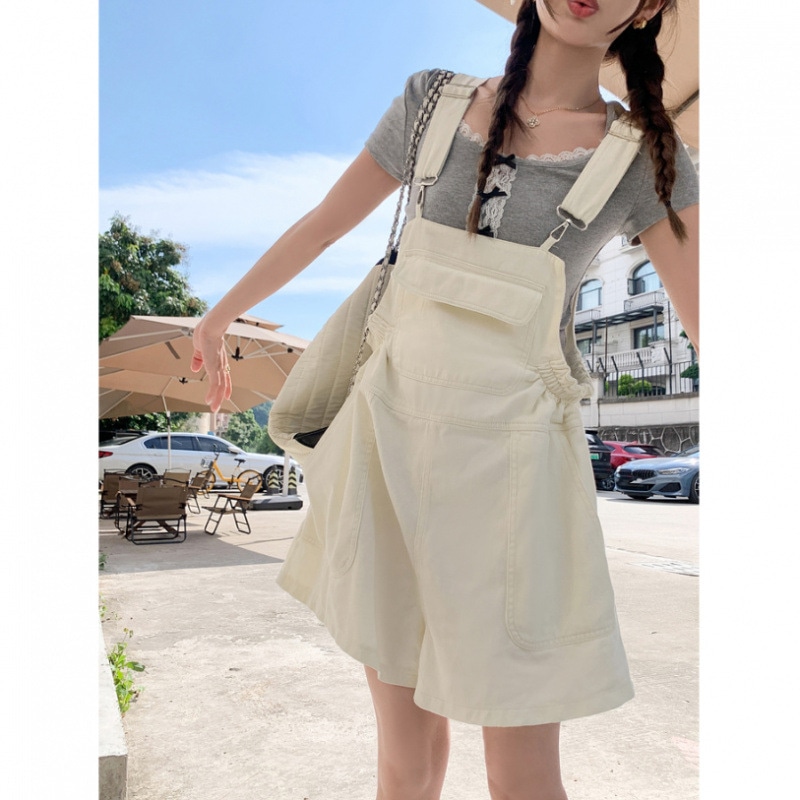 サロペット レディース デニム オーバーオール ショートパンツ 短パン オールインワン ゆったり カジュアル ガーリー ワークパンツ 夏 可愛い おしゃれ ホワイト アイボリー 綿 無地 体型カバー｜Yokos