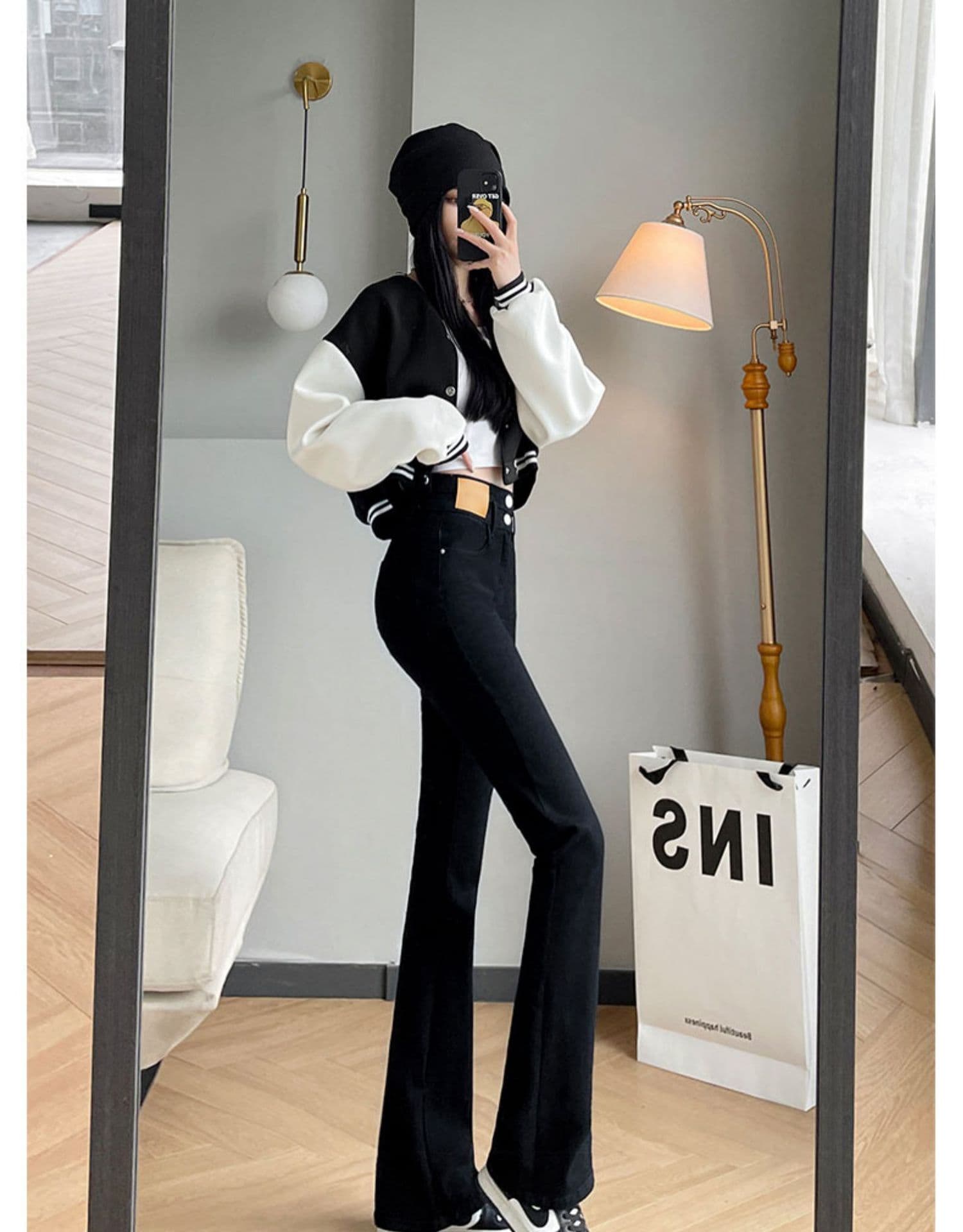 デニムパンツ レディース ハイウエスト ブーツカット 黒 美脚 脚長 ロング丈 164cm以上 ダブルボタン ストレッチ ベルボトム ジーンズ 着痩せ カジュアル ファッション きれいめ ジーパン 2｜Yokos