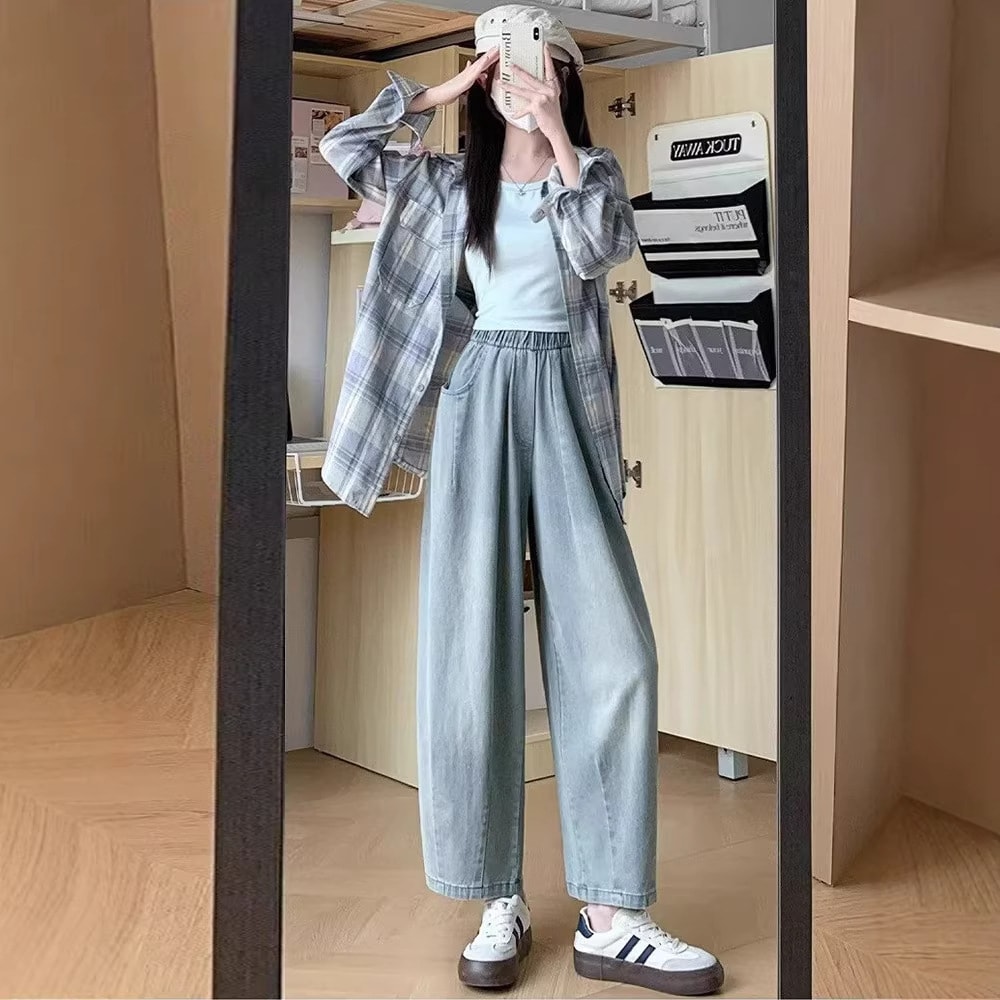 テンセル デニムパンツ レディース ワイドパンツ ジーンズ 夏 薄手 ハイウエスト ウエストゴム ゆったり 体型カバー 涼しい 接触冷感 ジーパン ロング丈 ボトムス カジュアル きれいめ 柔らかい｜Yokos