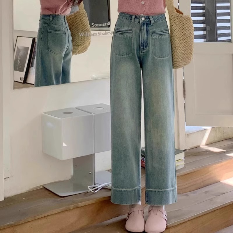 レディース デニムパンツ ハイウエスト ストレート ジーンズ ジーパン ゆったり ワイドパンツ 脚長 着痩せ カジュアル ボトムス ロングパンツ ヴィンテージ風 ウォッシュ加工 体型カバー デイリー｜Yokos
